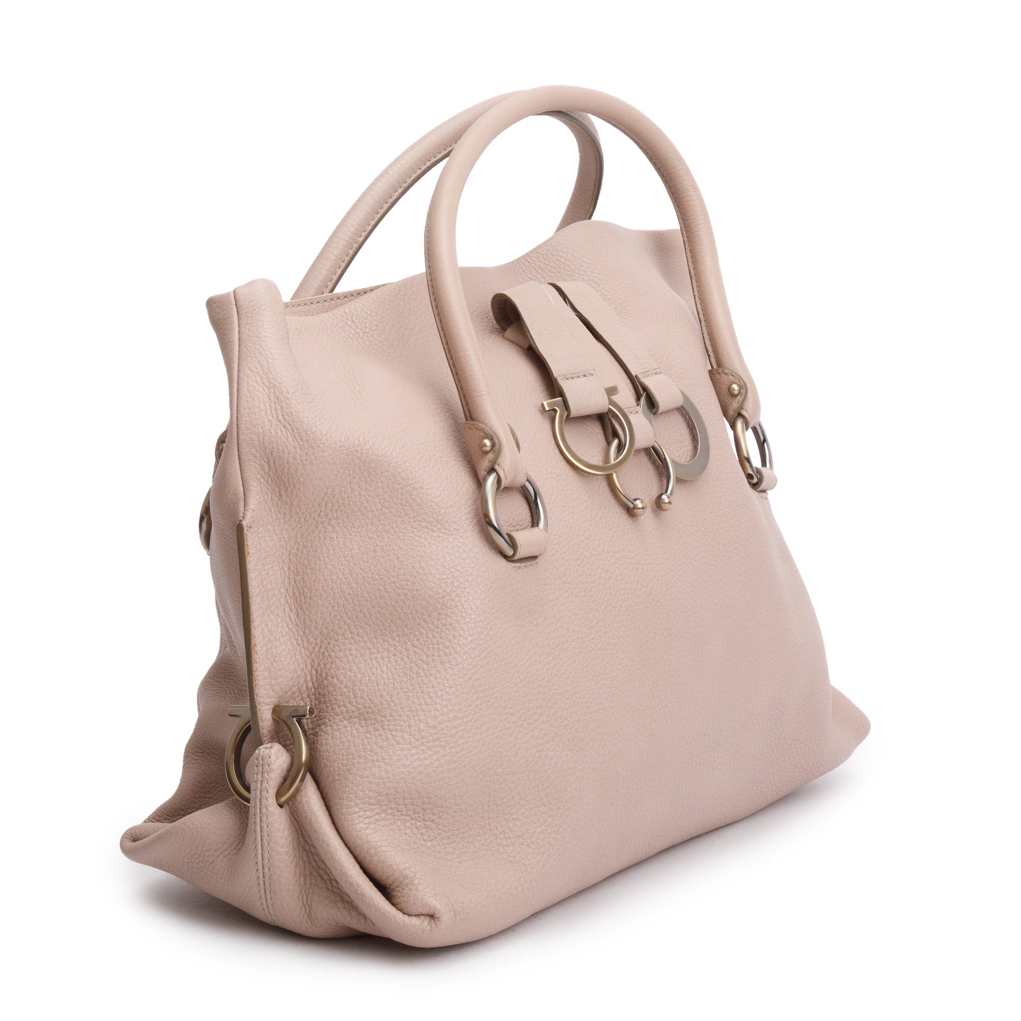 Ferragamo Beige Calfskin Leather Gancini Wrap Ring Foldover Shoulder Bag