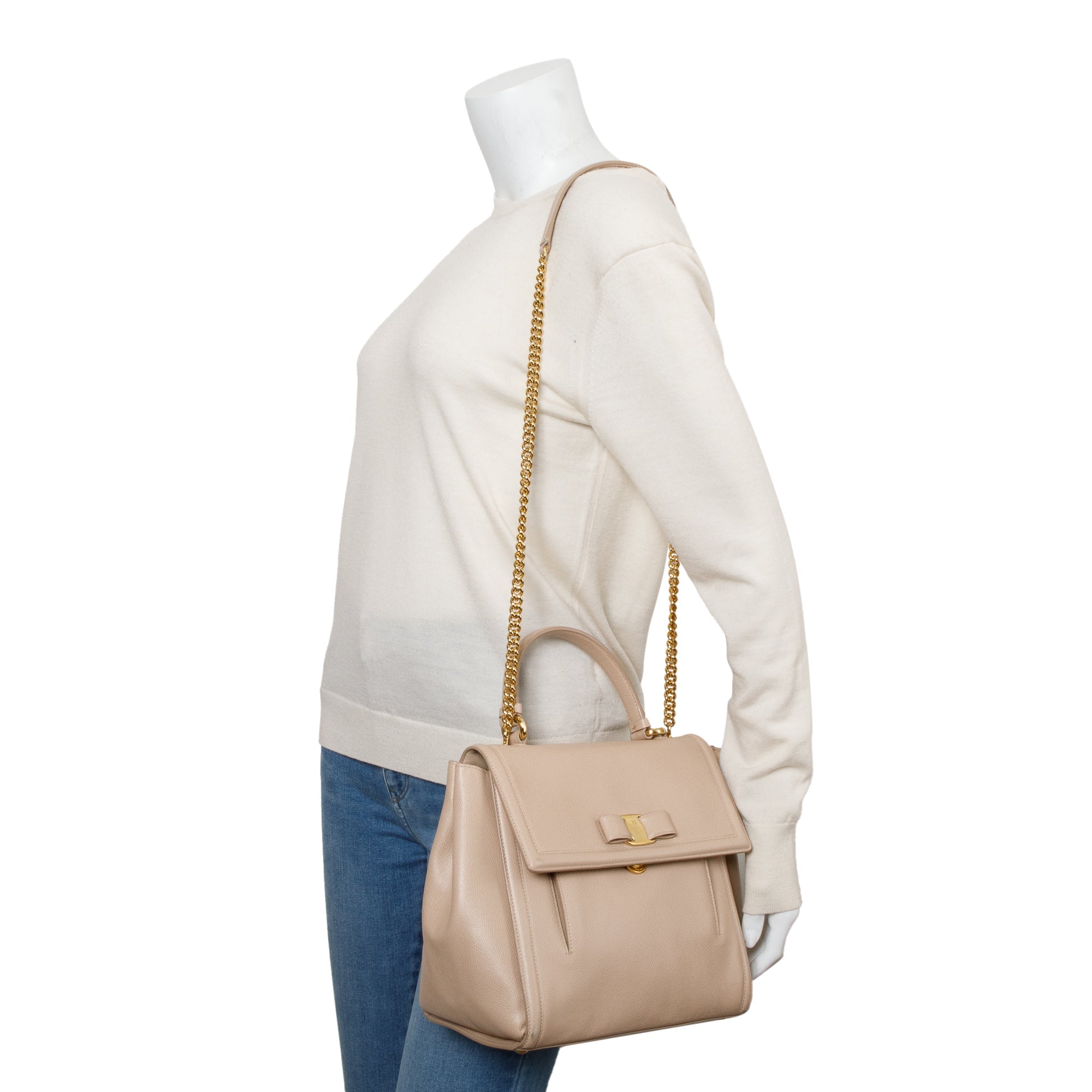 Ferragamo Beige Grained Leather Medium Carrie Vara Shoulder Bag