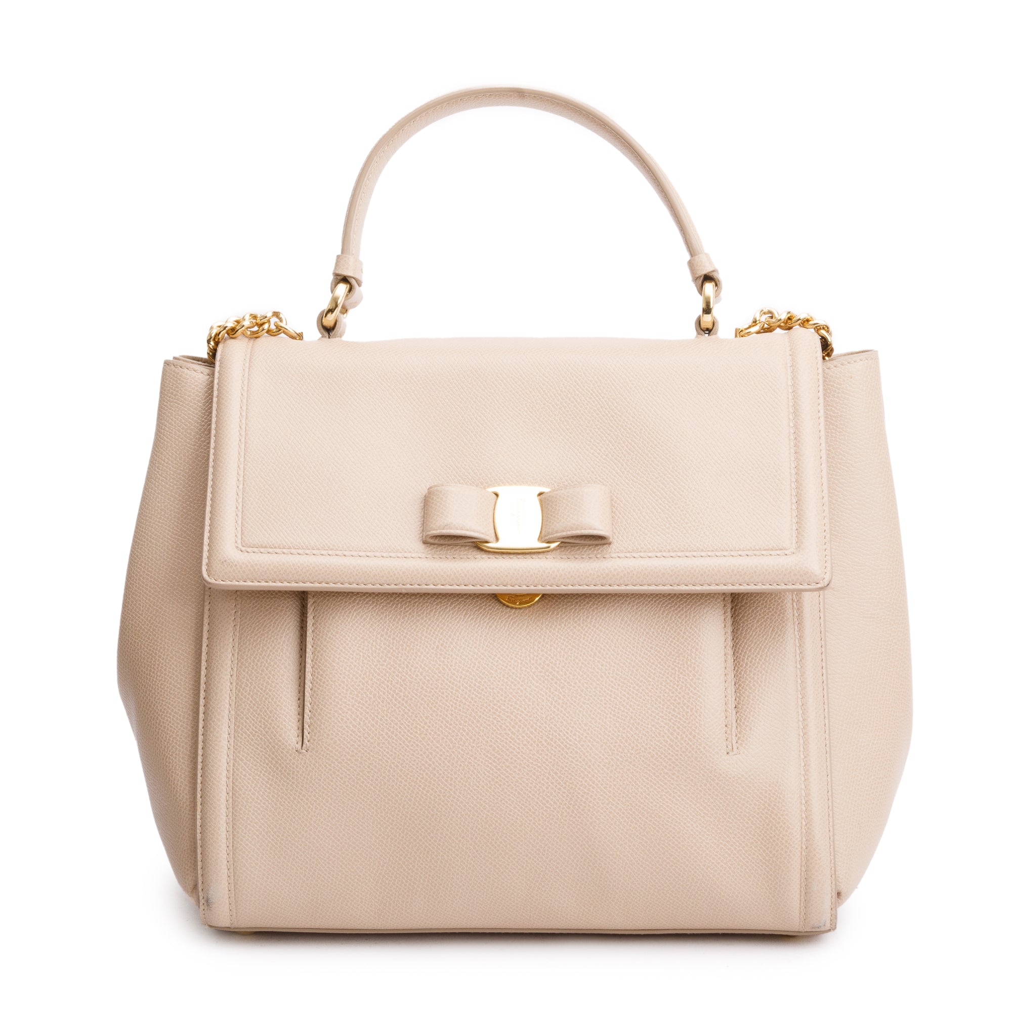 Ferragamo Beige Grained Leather Medium Carrie Vara Shoulder Bag