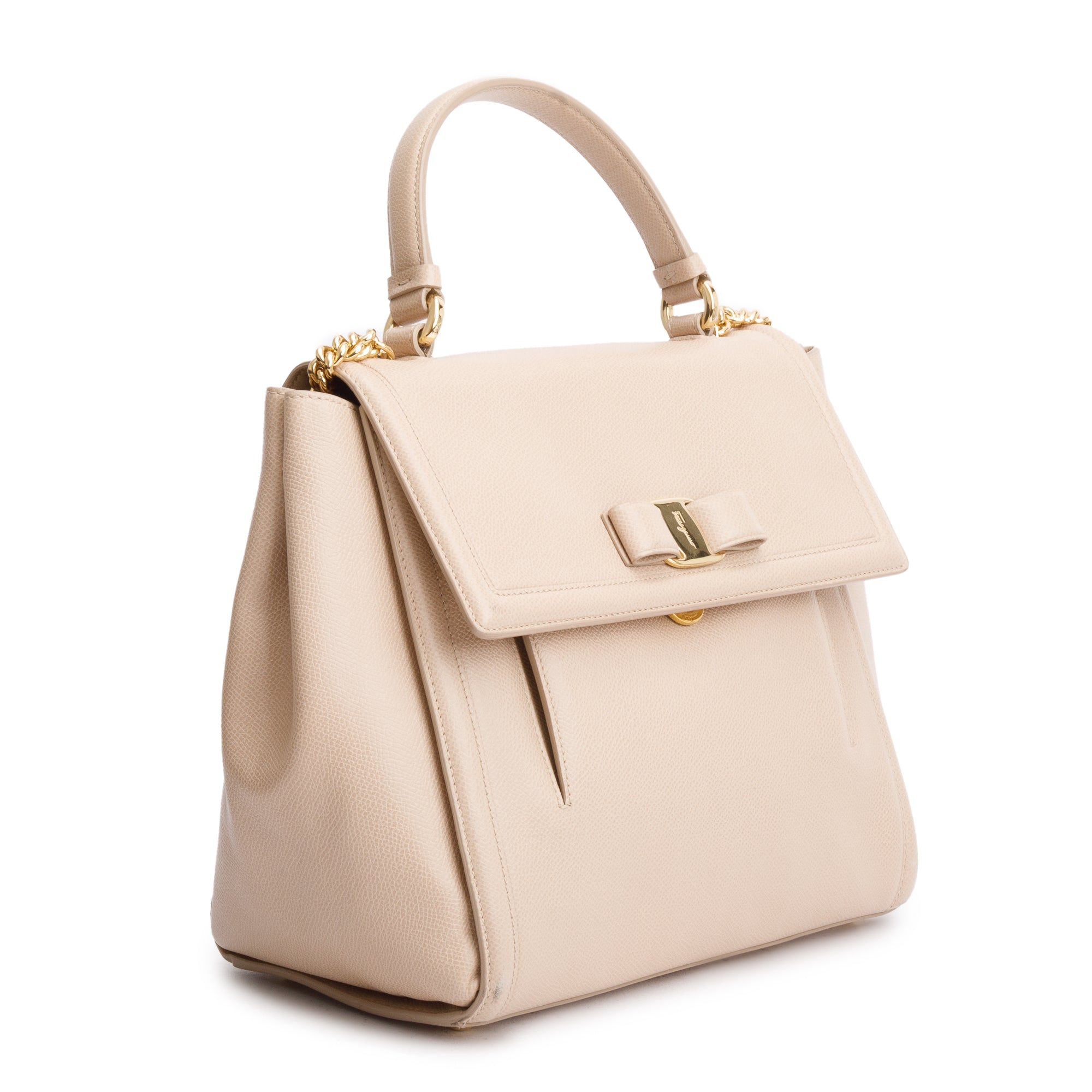 Ferragamo Beige Grained Leather Medium Carrie Vara Shoulder Bag