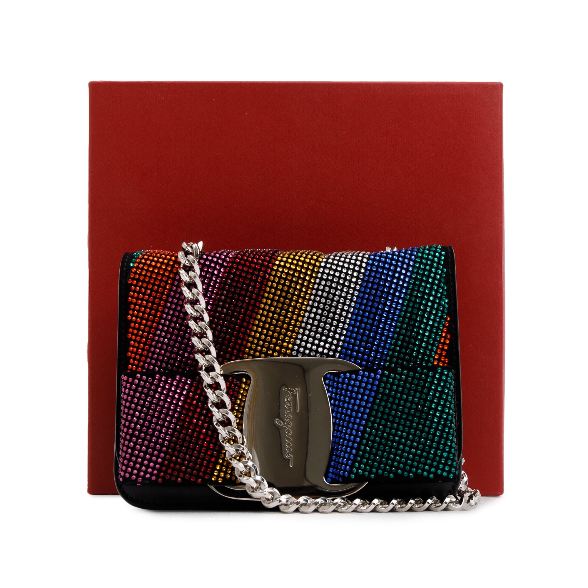 Ferragamo Black Calfskin Leather Crystal Embellished Mini Vara Rainbow Crossbody Bag w/ Box