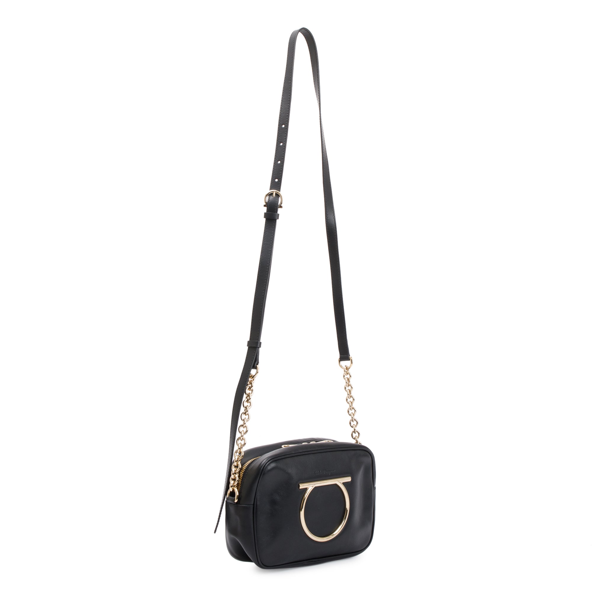 Ferragamo Black Calfskin Leather Gancio Vela Camera Crossbody Bag