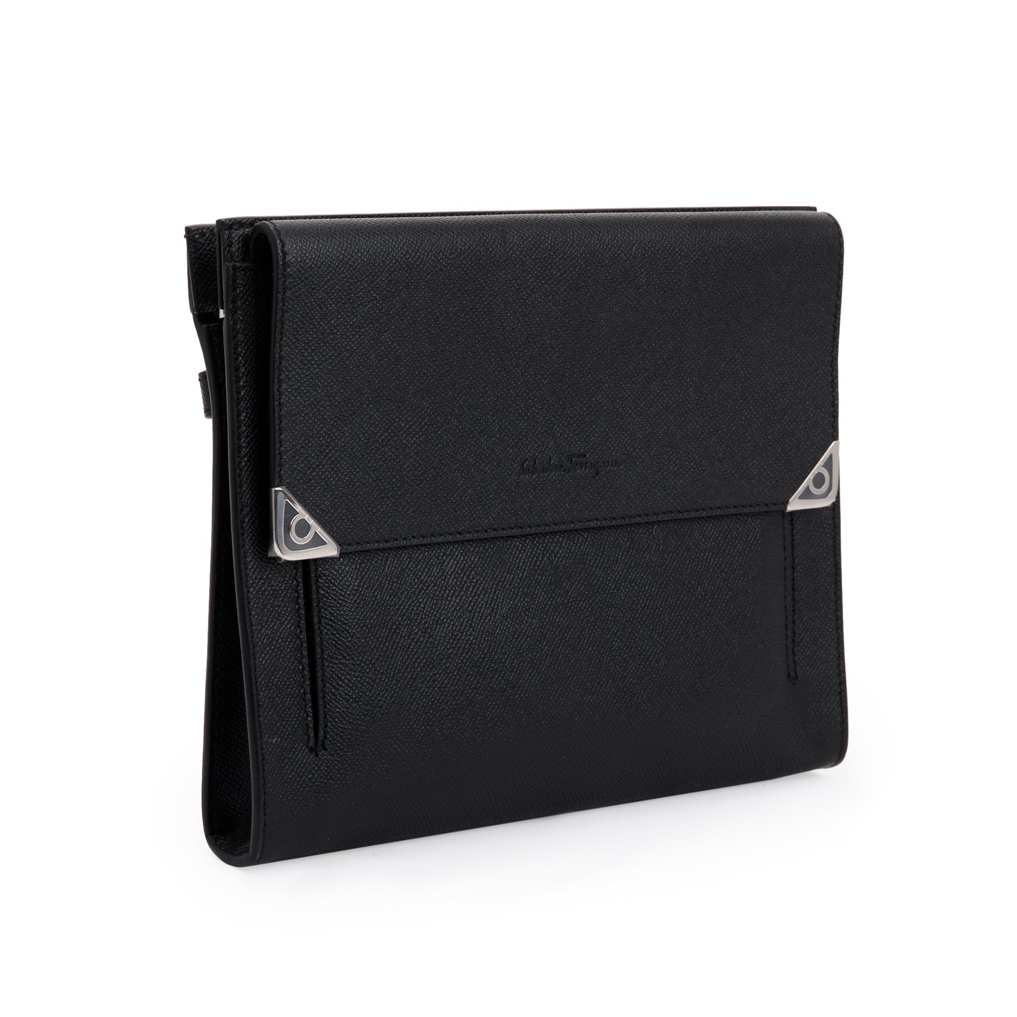 Ferragamo Black Calfskin Leather Portfolio Clutch Bag