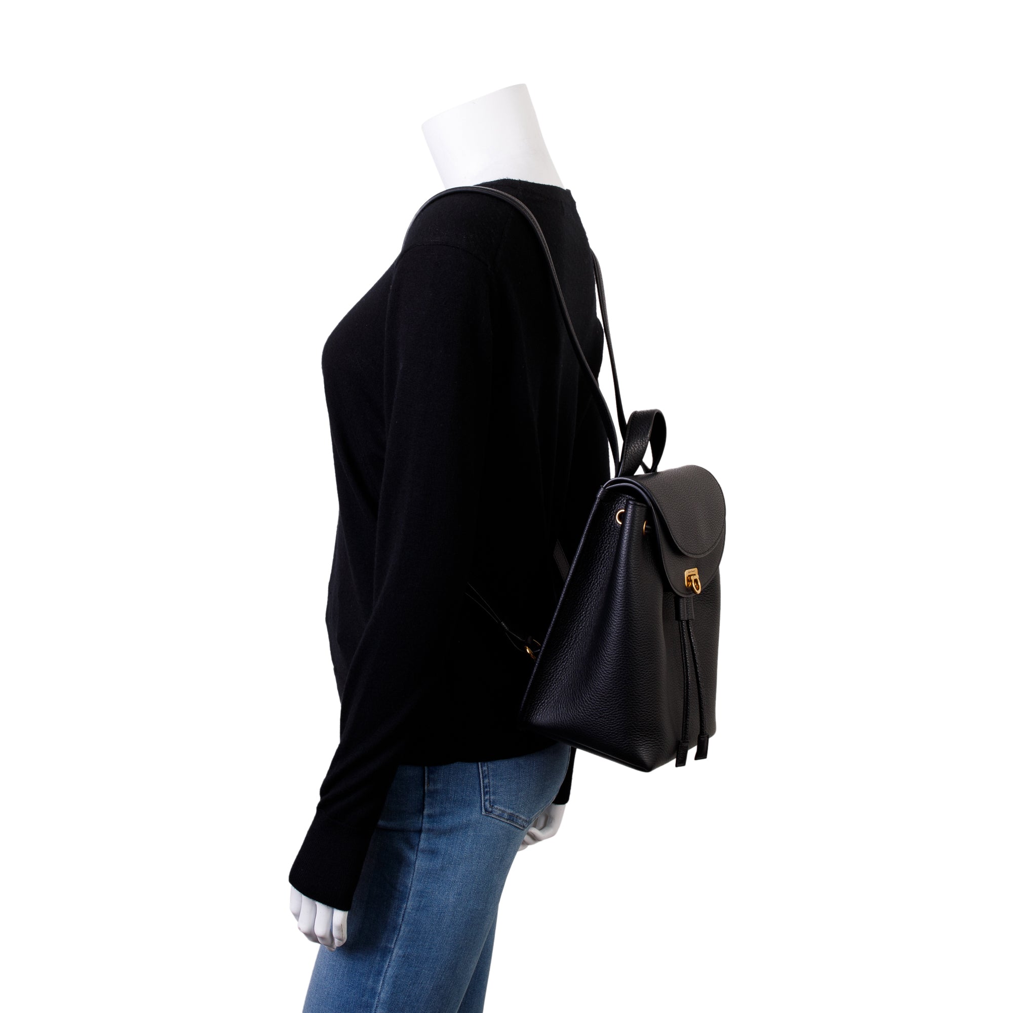 Ferragamo Black Calfskin Leather Small Gancini Backpack