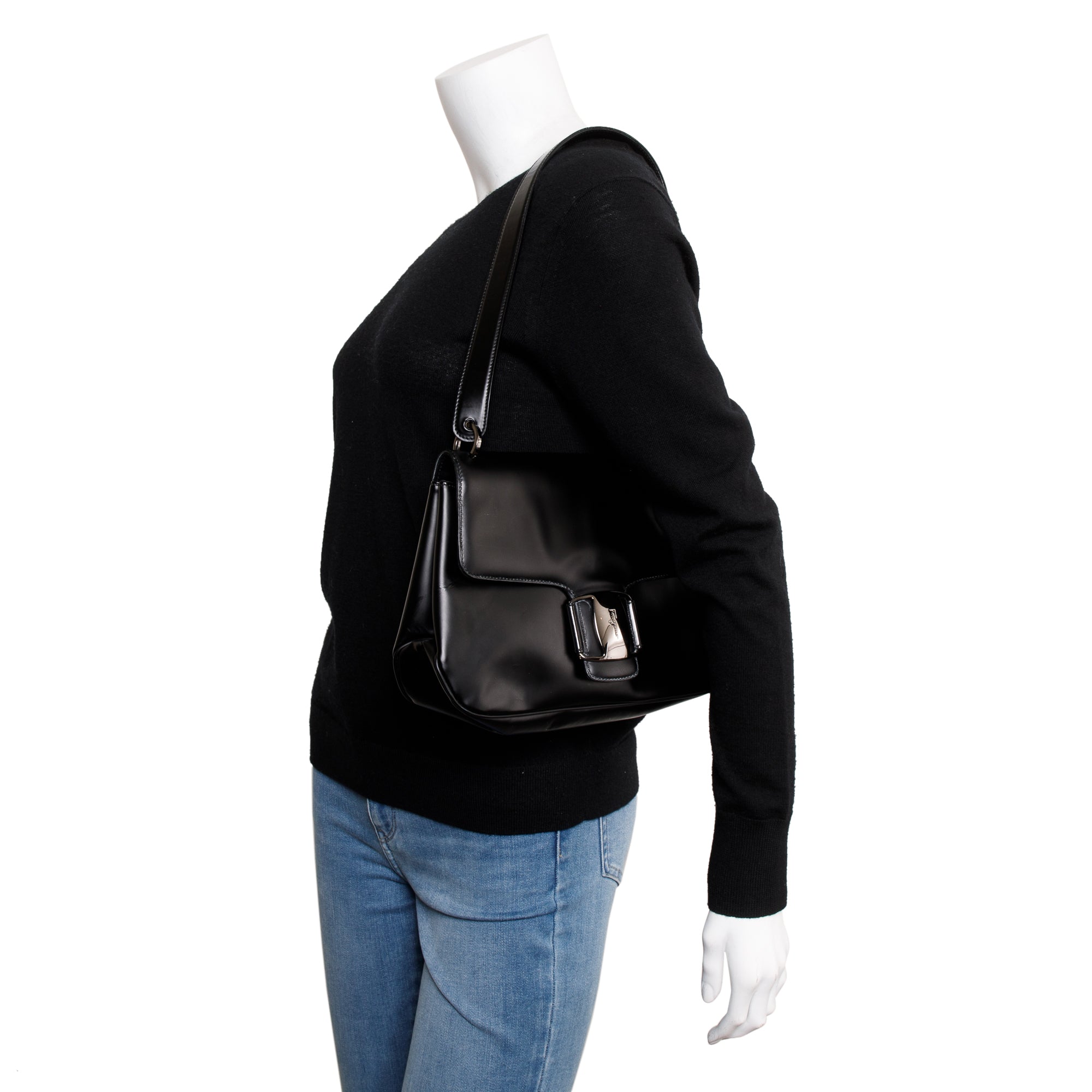 Ferragamo Black Calfskin Leather Vara Shoulder Bag