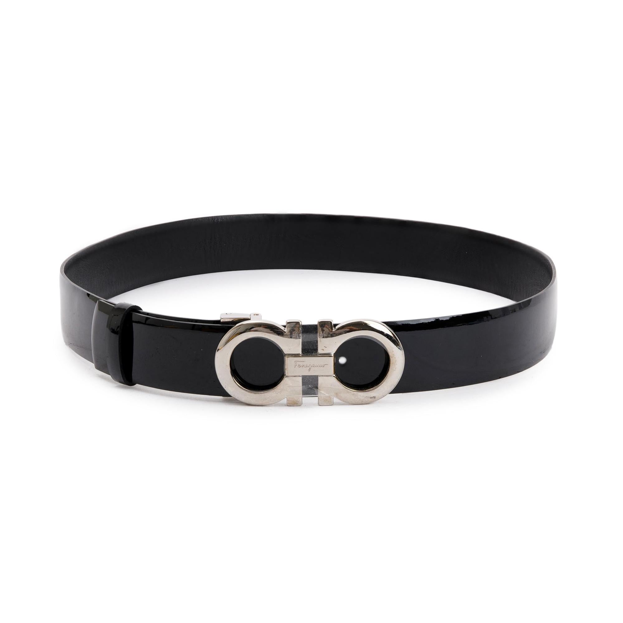 Ferragamo Black Calfskin & Patent Leather Reversible Gancini Belt Kit