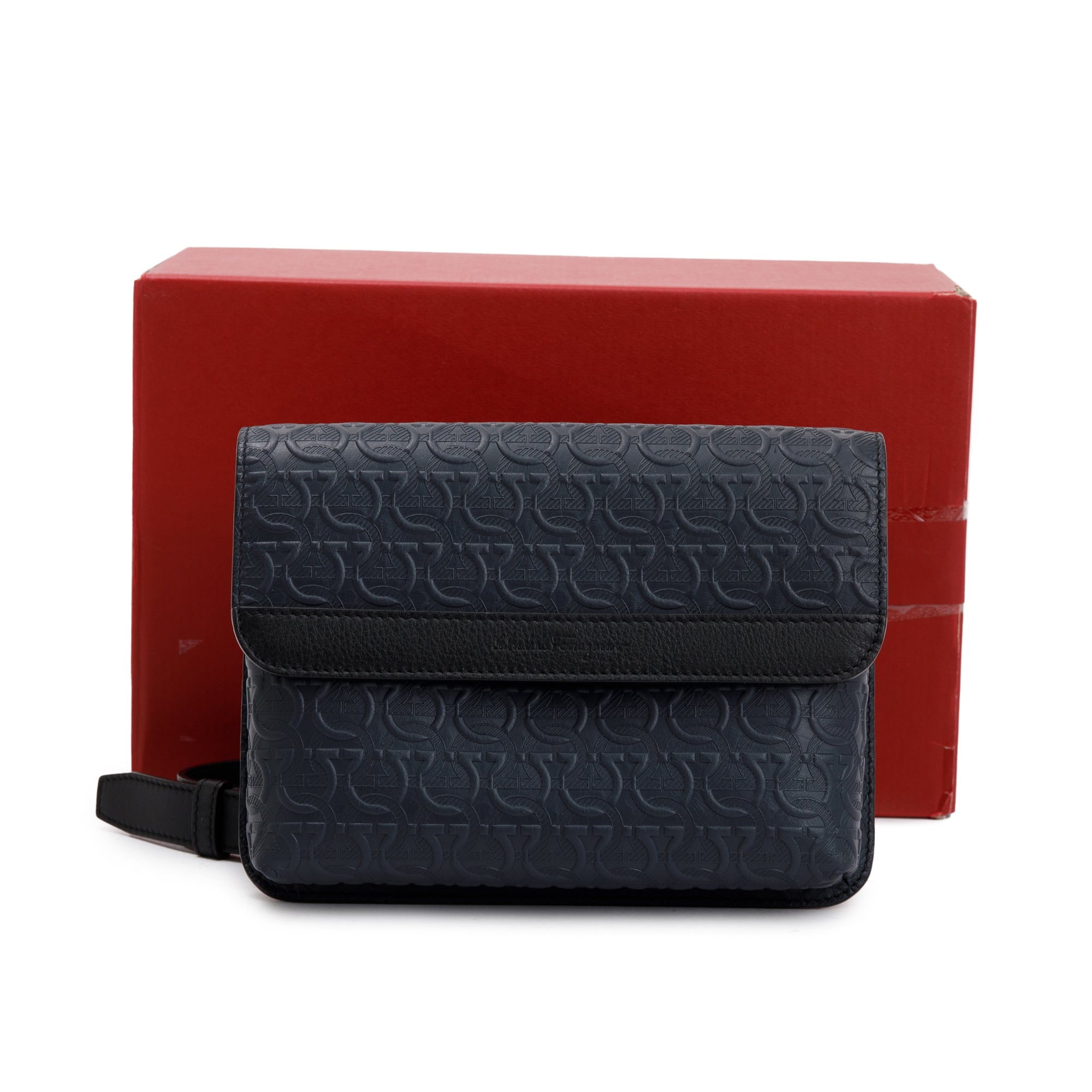 Ferragamo Black Gancio Embossed Leather Grigio Waist Bag w/ Box & Receipt