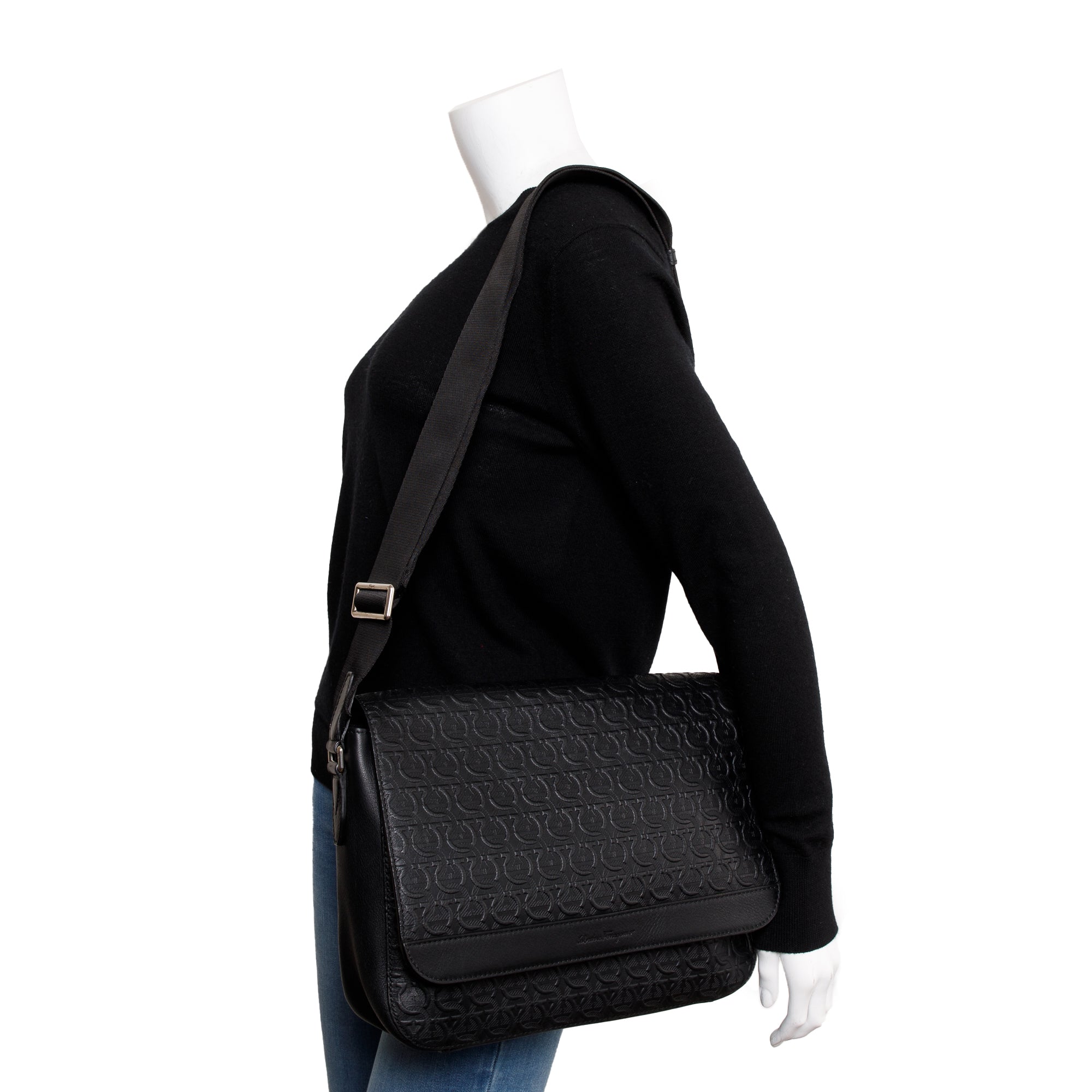 Ferragamo Black Gancio Embossed Leather Messenger Bag