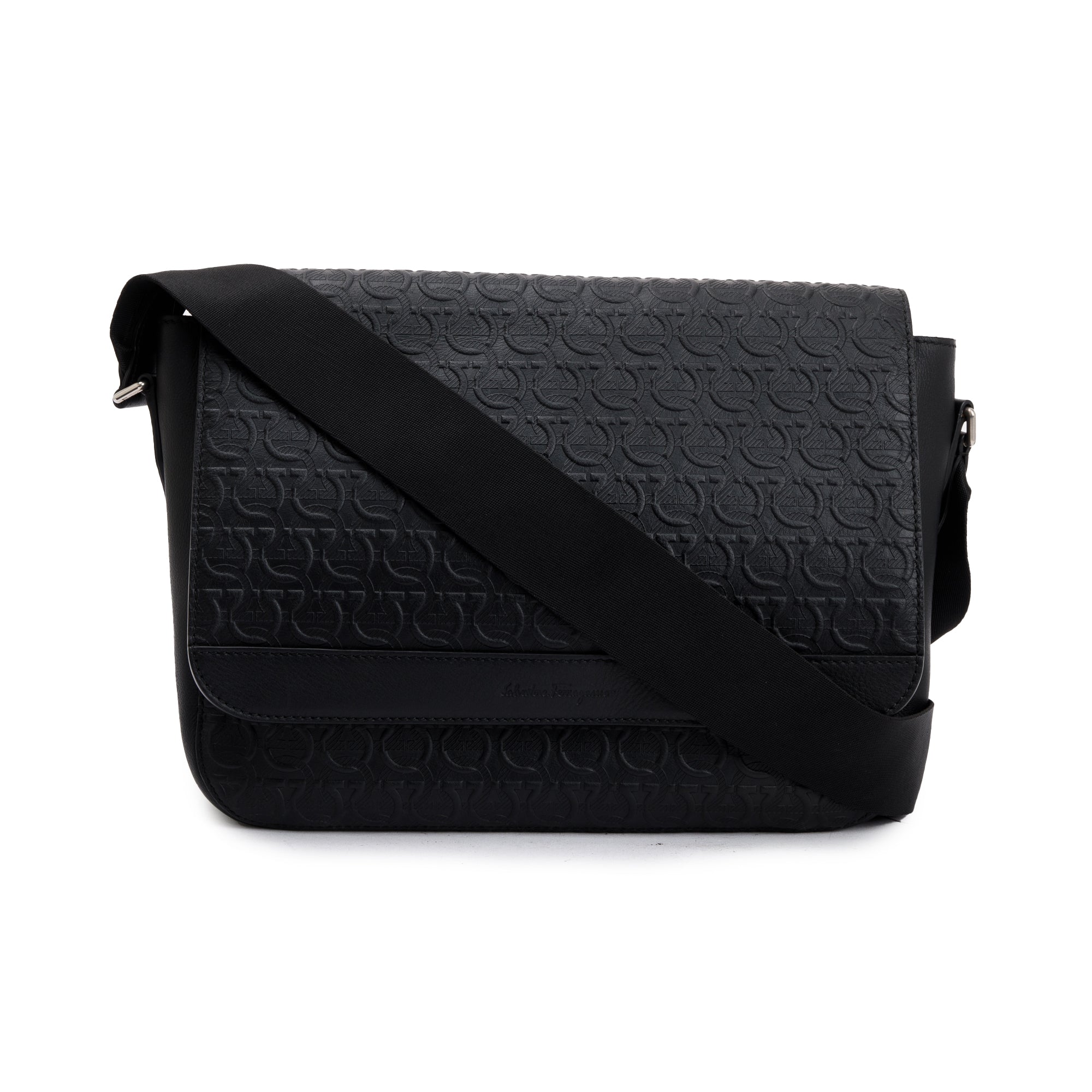 Ferragamo Black Gancio Embossed Leather Messenger Bag