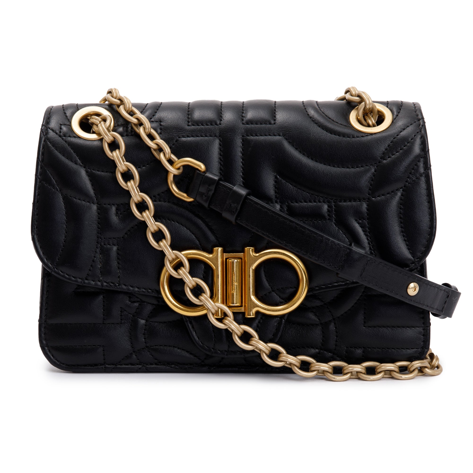 Ferragamo Black Ganicini Quilted Calfskin Leather Shoulder Bag w/ Box