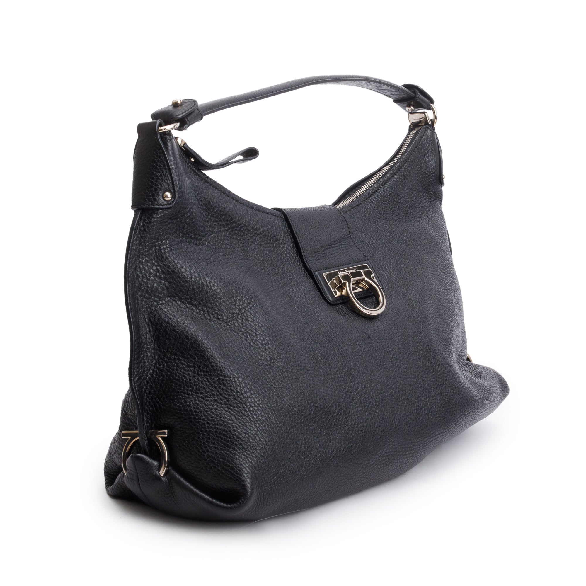 Ferragamo Black Grained Calfskin Leather Gancini Hobo Bag