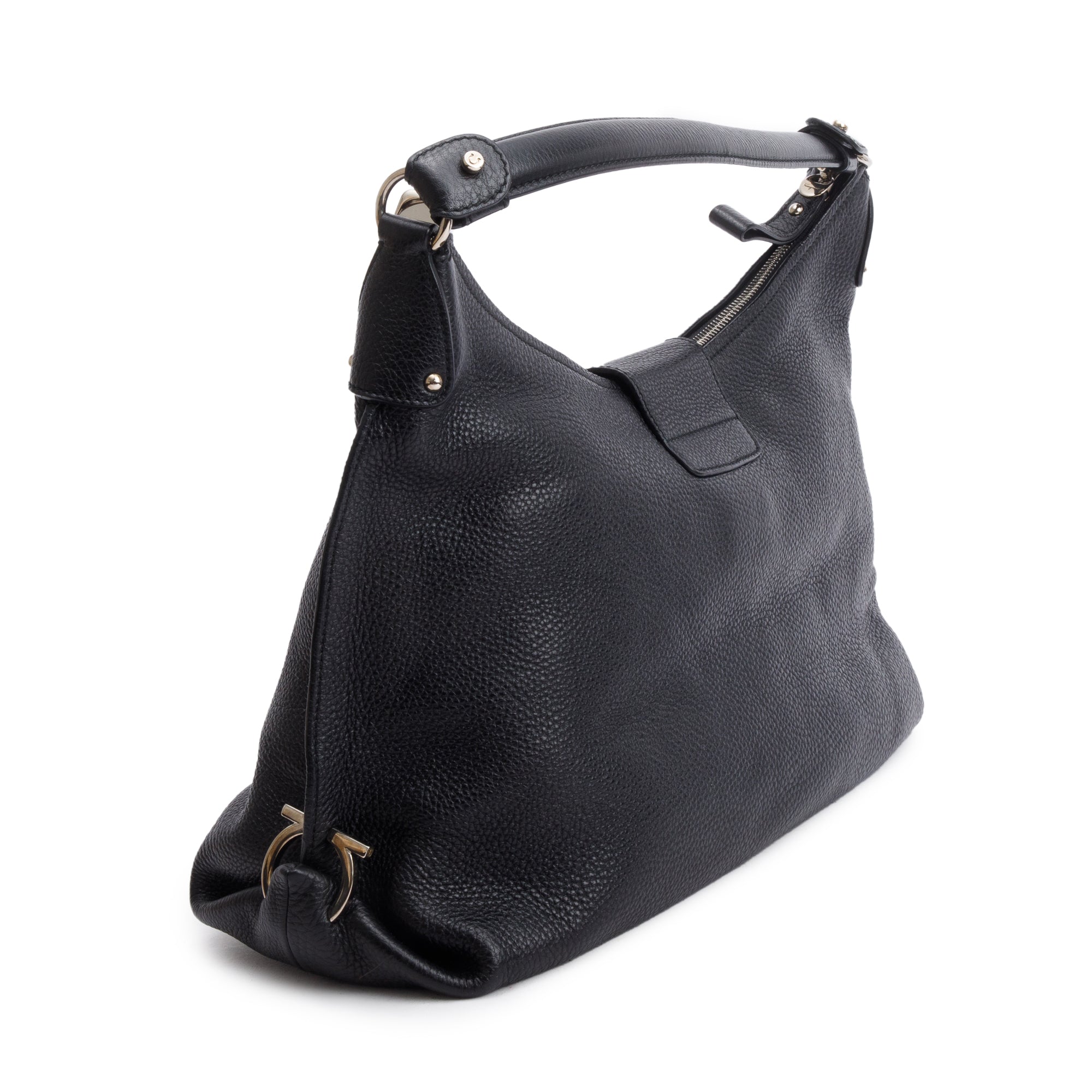 Ferragamo Black Grained Calfskin Leather Gancini Hobo Bag