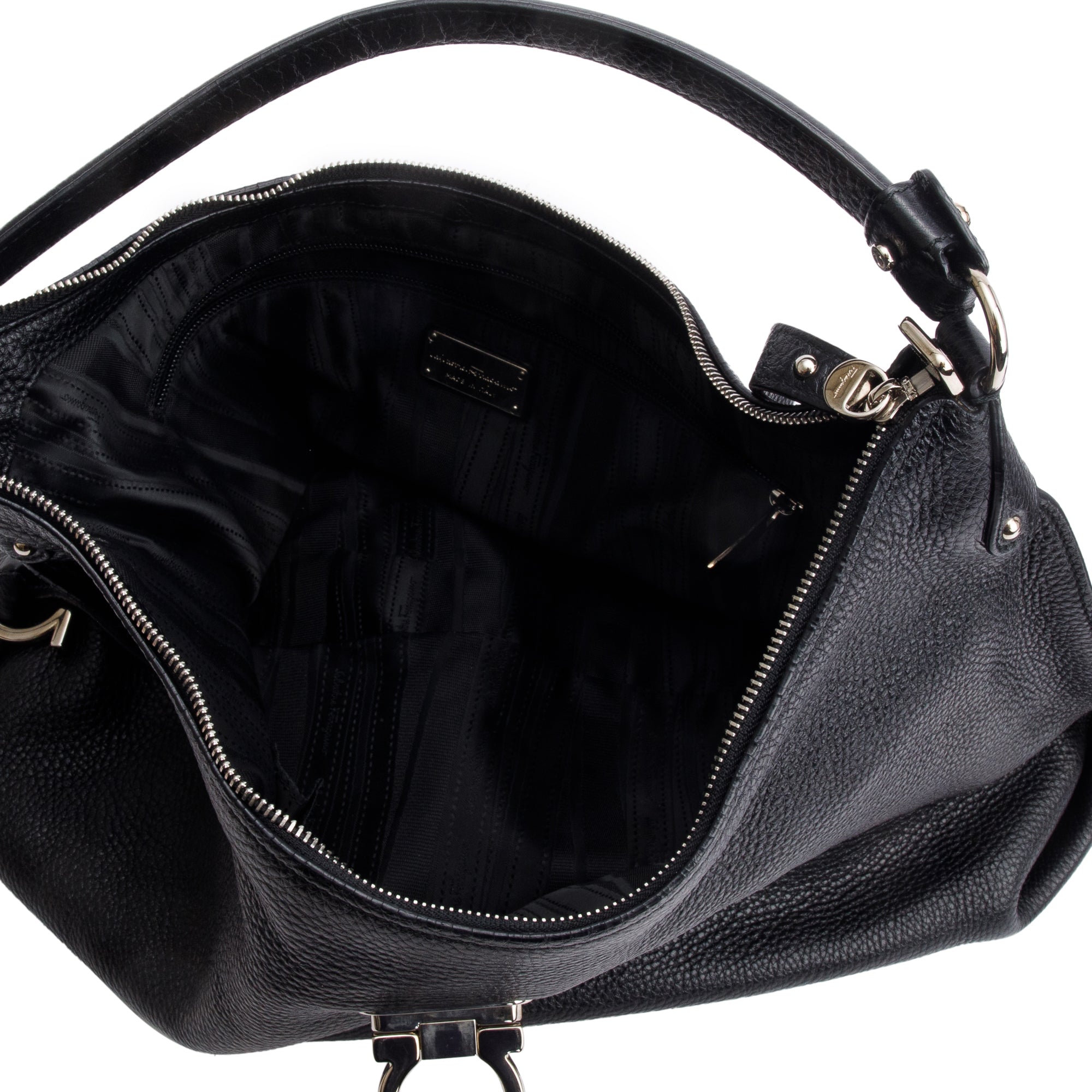 Ferragamo Black Grained Calfskin Leather Gancini Hobo Bag