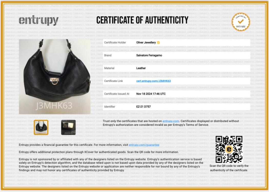 Ferragamo Black Grained Calfskin Leather Gancini Hobo Bag