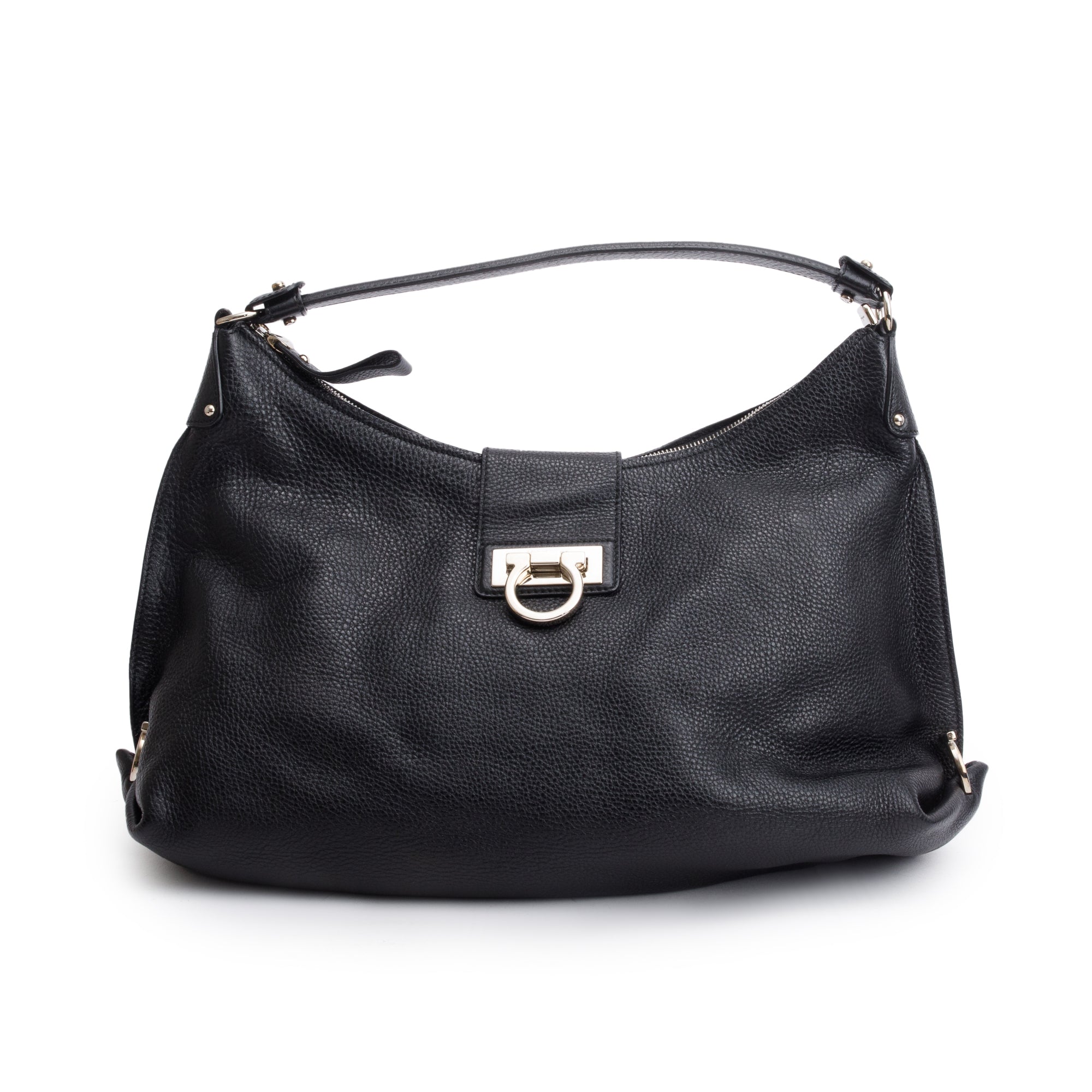 Ferragamo Black Grained Calfskin Leather Gancini Hobo Bag