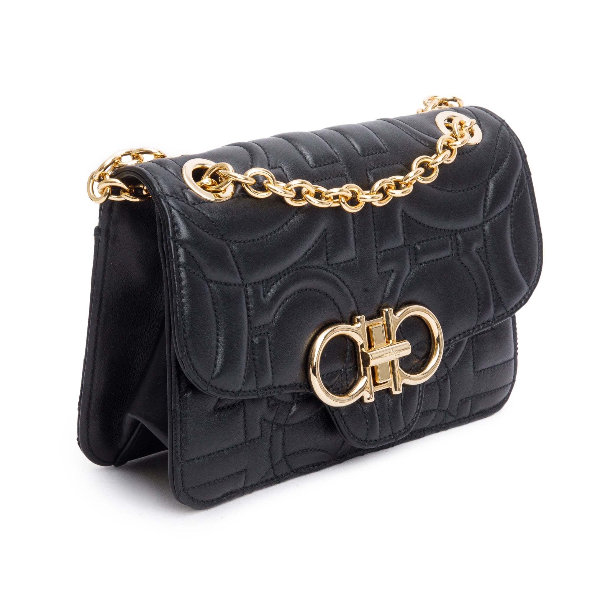 Ferragamo Black Quilted Leather Small Gancini Flap Shoulder Bag