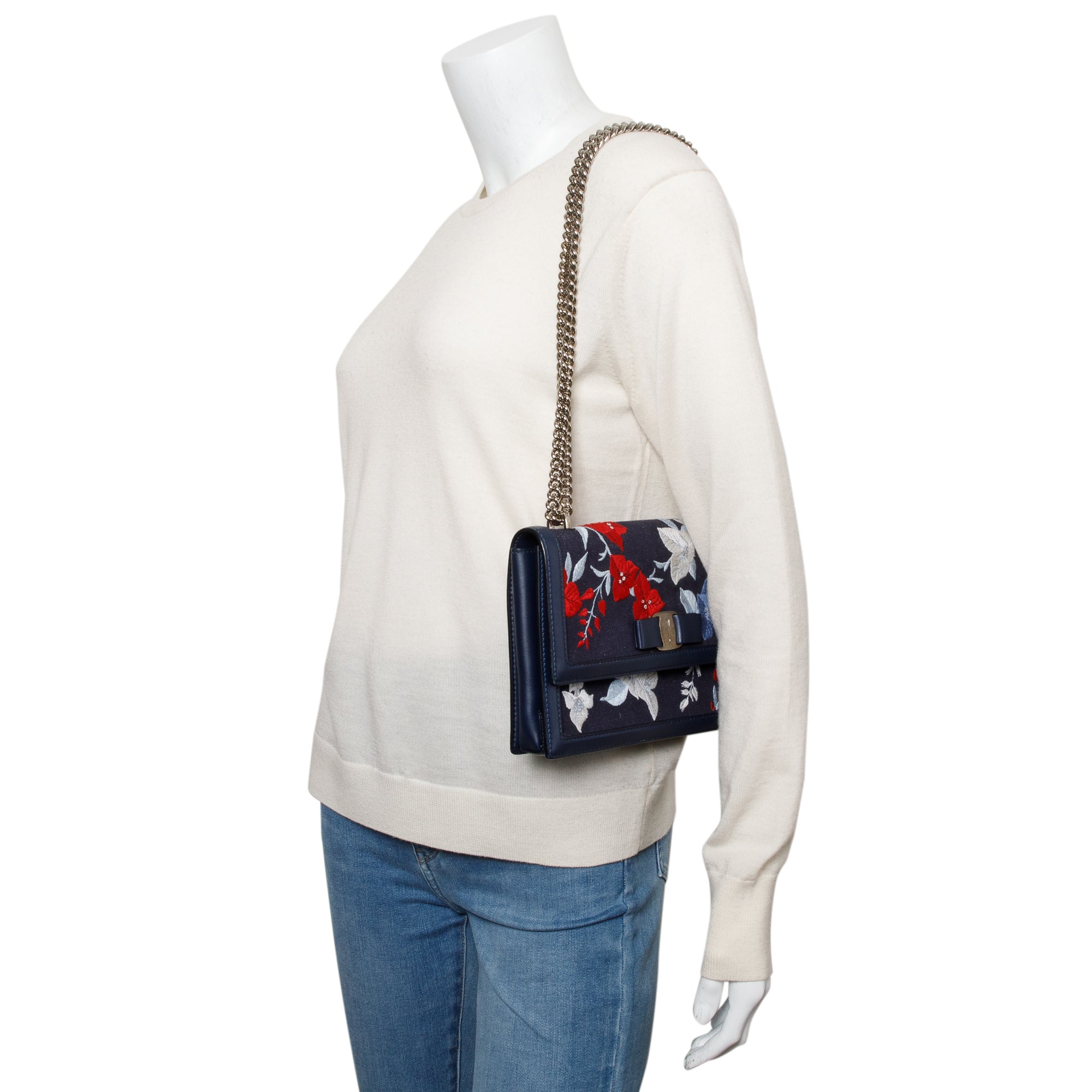 Ferragamo Blue Calfskin Denim Floral Embroidered Ginny Bow Flap Bag