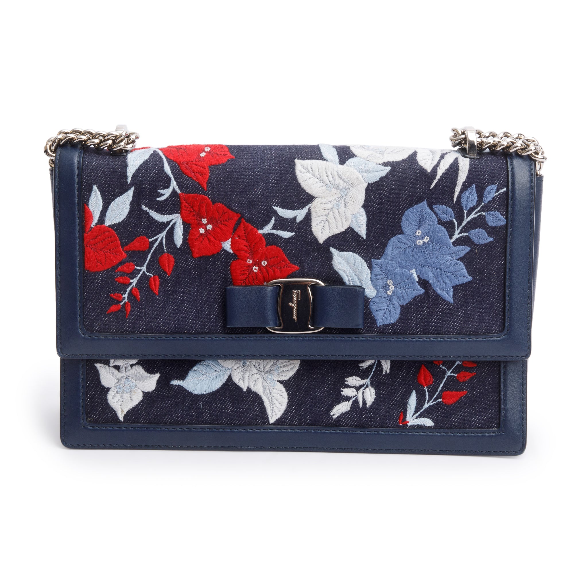 Ferragamo Blue Calfskin Denim Floral Embroidered Ginny Bow Flap Bag