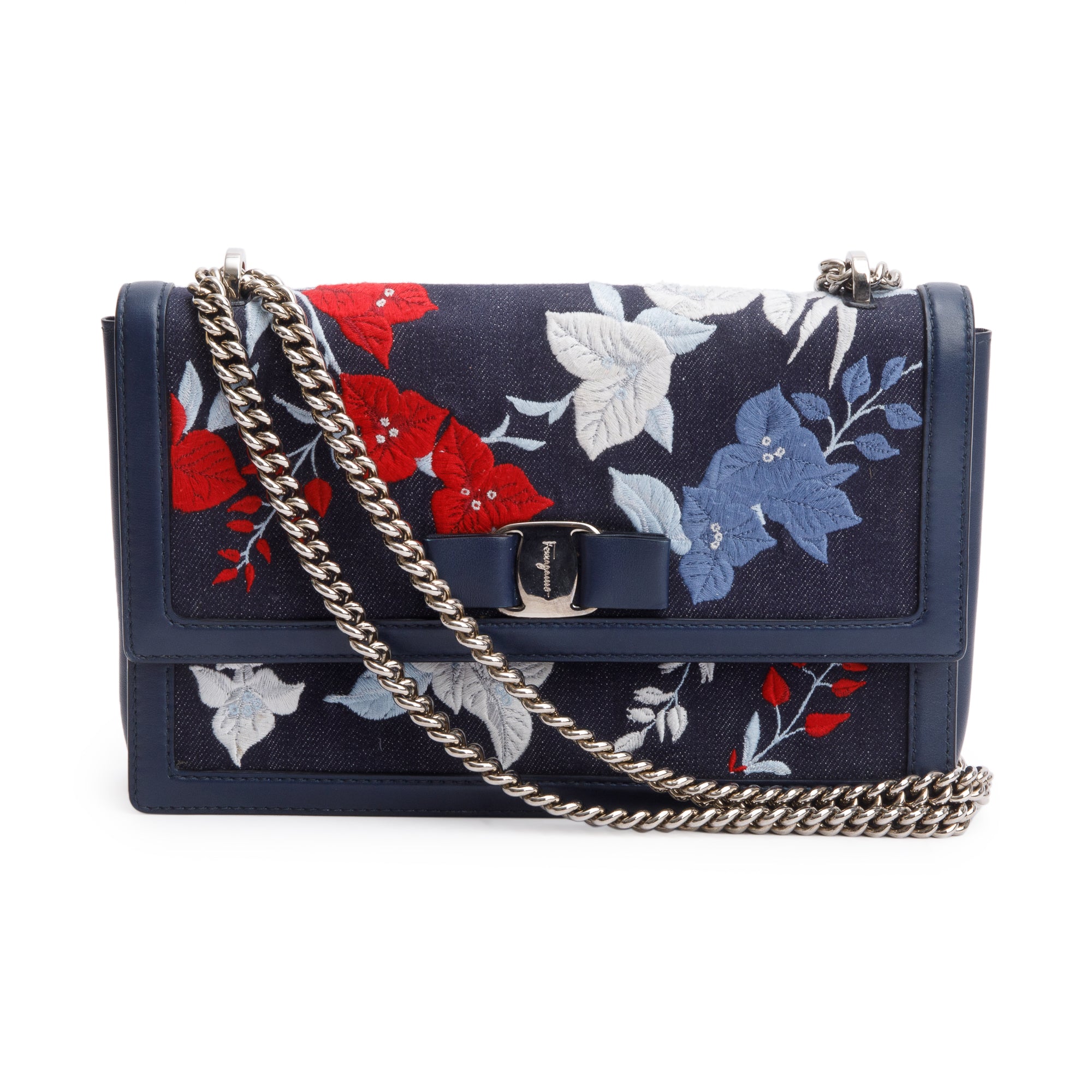 Ferragamo Blue Calfskin Denim Floral Embroidered Ginny Bow Flap Bag
