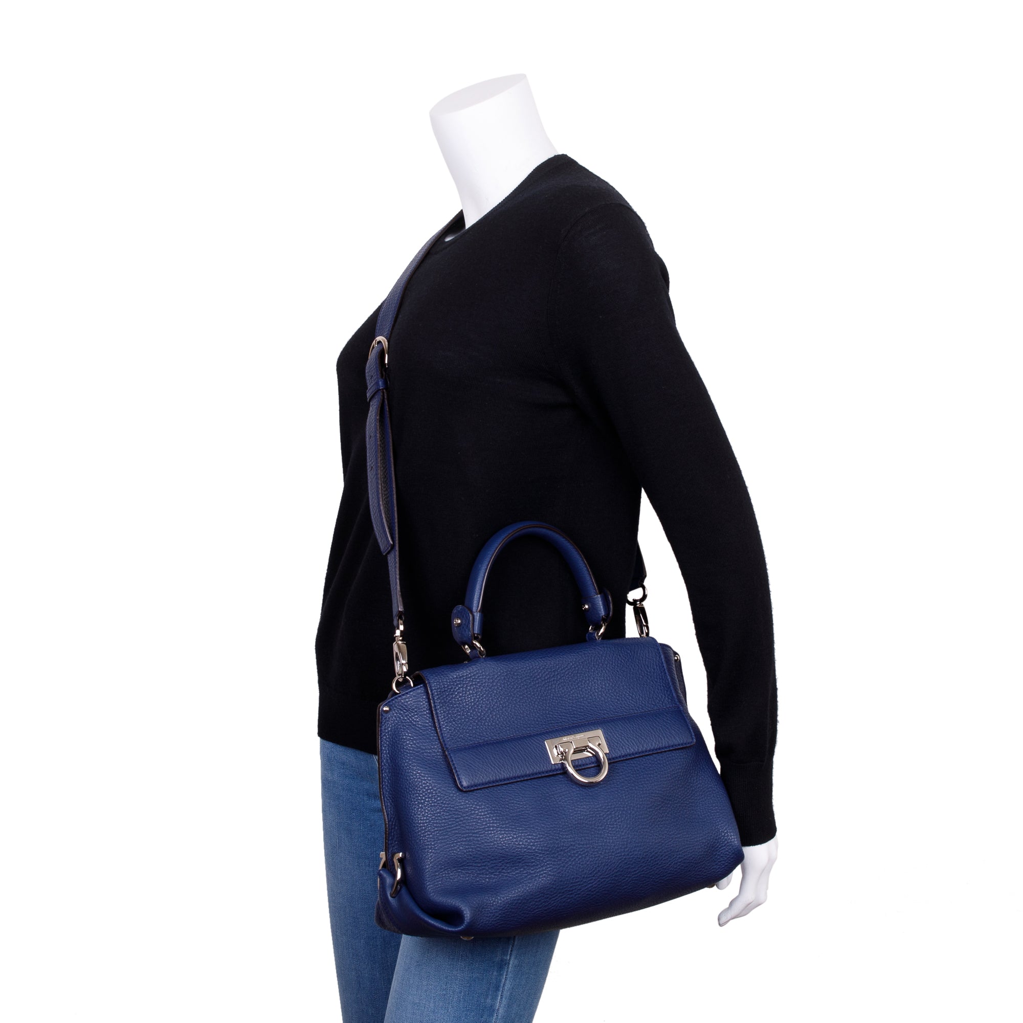 Ferragamo Blue Grained Leather Gancini Sofia Satchel w/ Strap