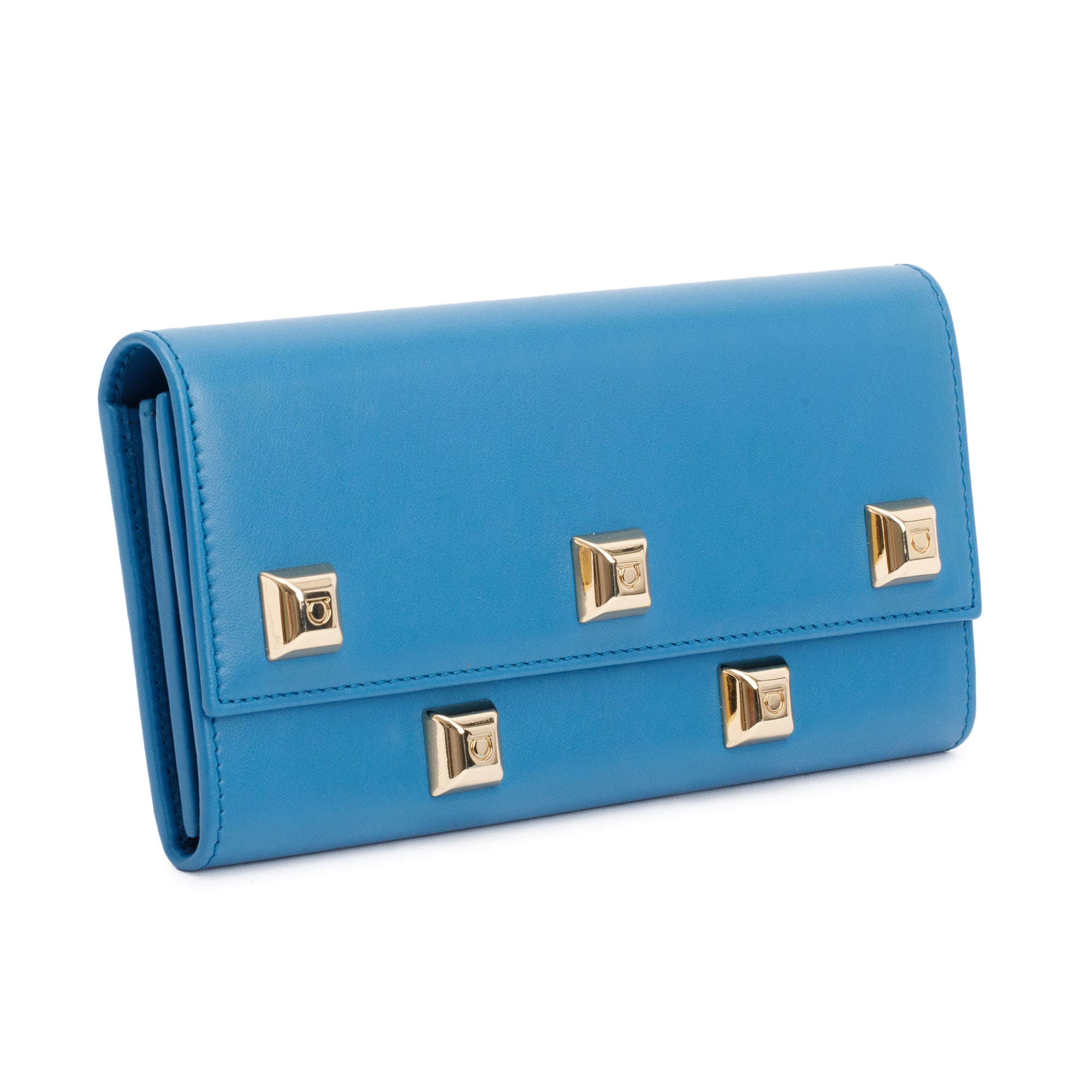 Ferragamo Blue Leather Studded Continental Flap Wallet w/ Box