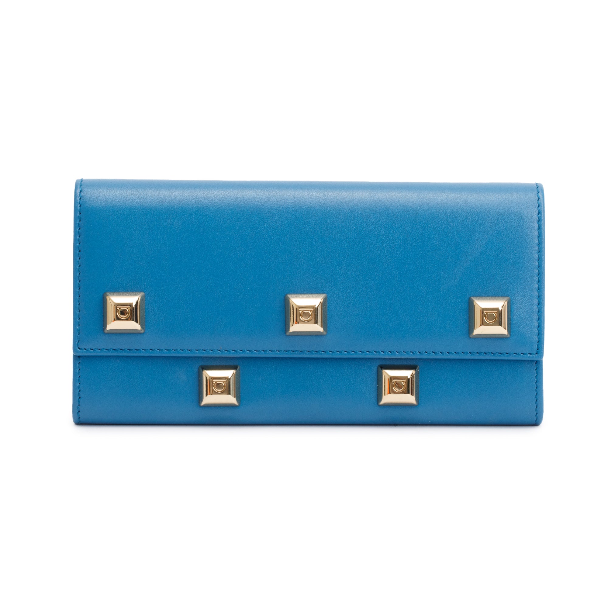 Ferragamo Blue Leather Studded Continental Flap Wallet w/ Box