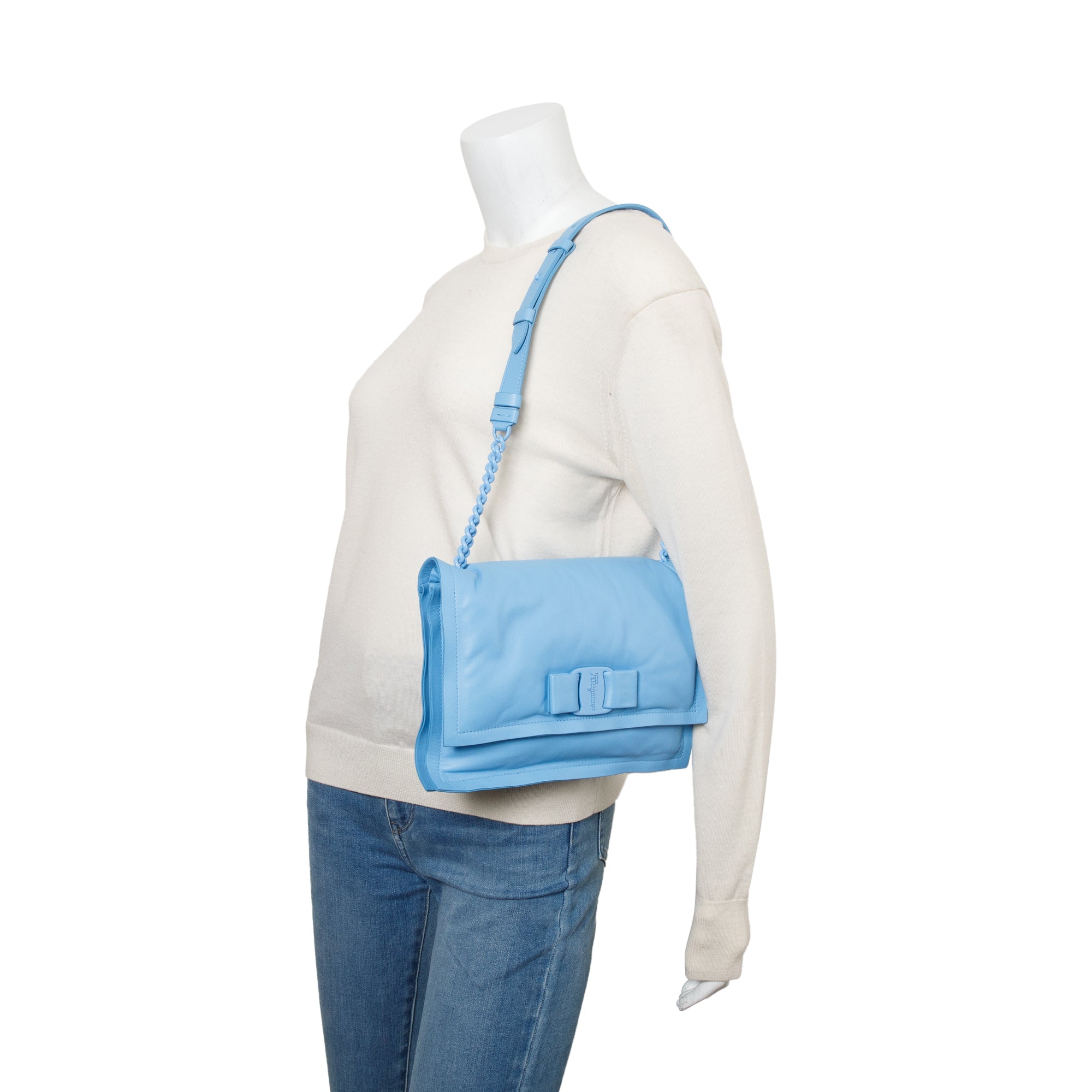 Ferragamo Blue Soft Leather Viva Bow Puffer Shoulder Bag