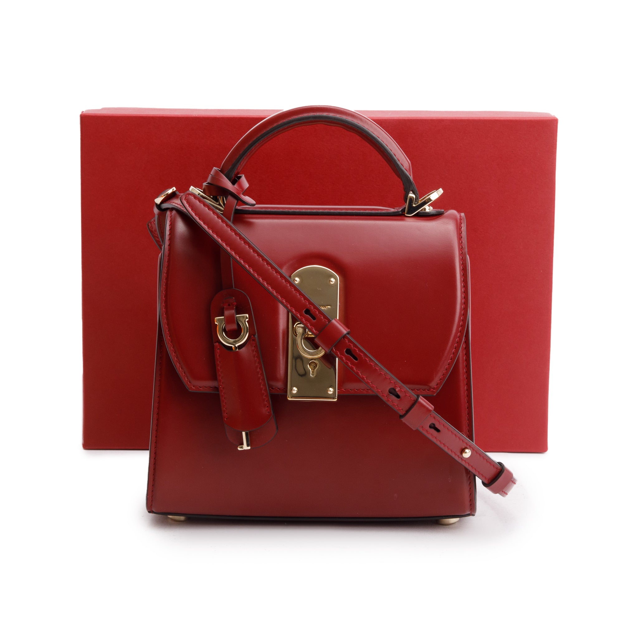 Ferragamo Burgundy Box Leather Small Boxyz Gancini Top Handle Bag w/ Strap & Box