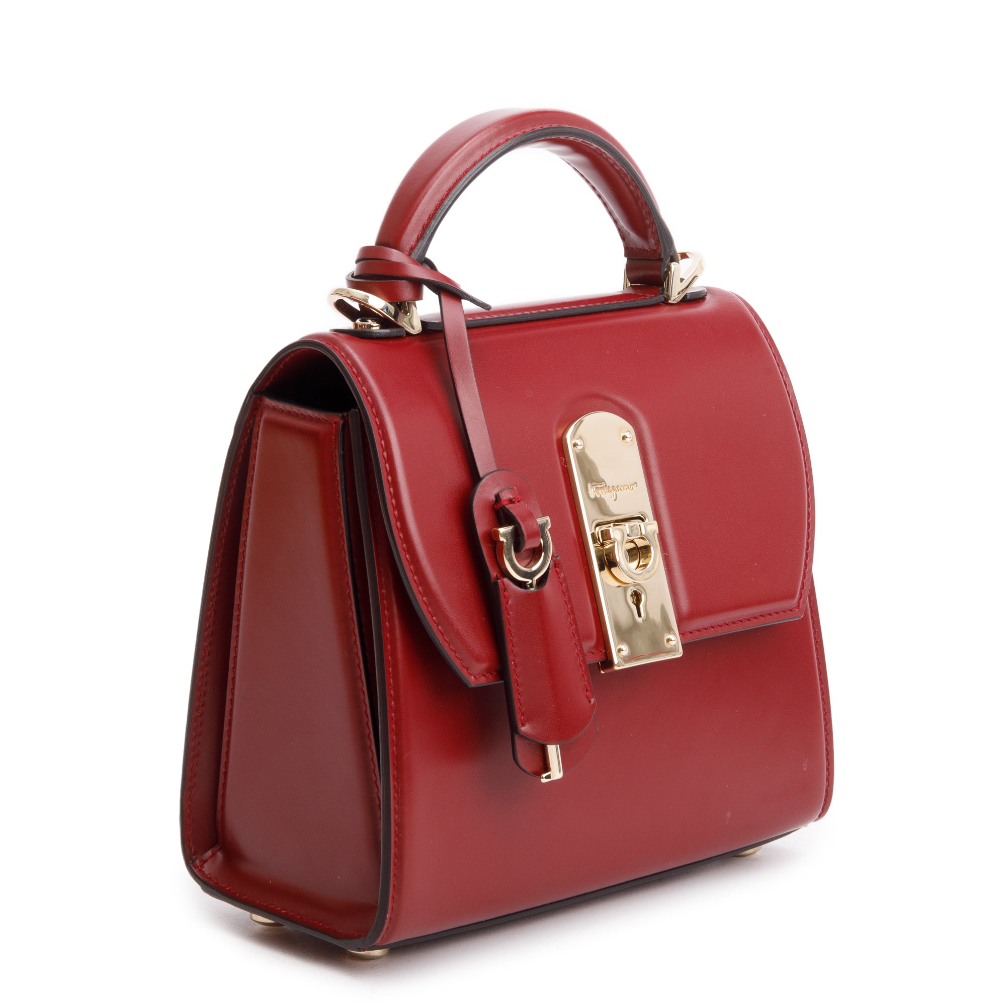 Ferragamo Burgundy Box Leather Small Boxyz Gancini Top Handle Bag w/ Strap & Box