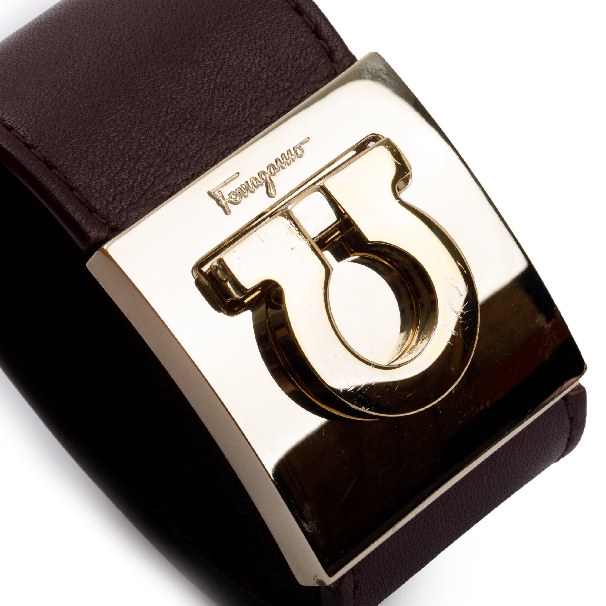 Ferragamo Gold-Plated Gancini Wide Burgundy Leather Bracelet