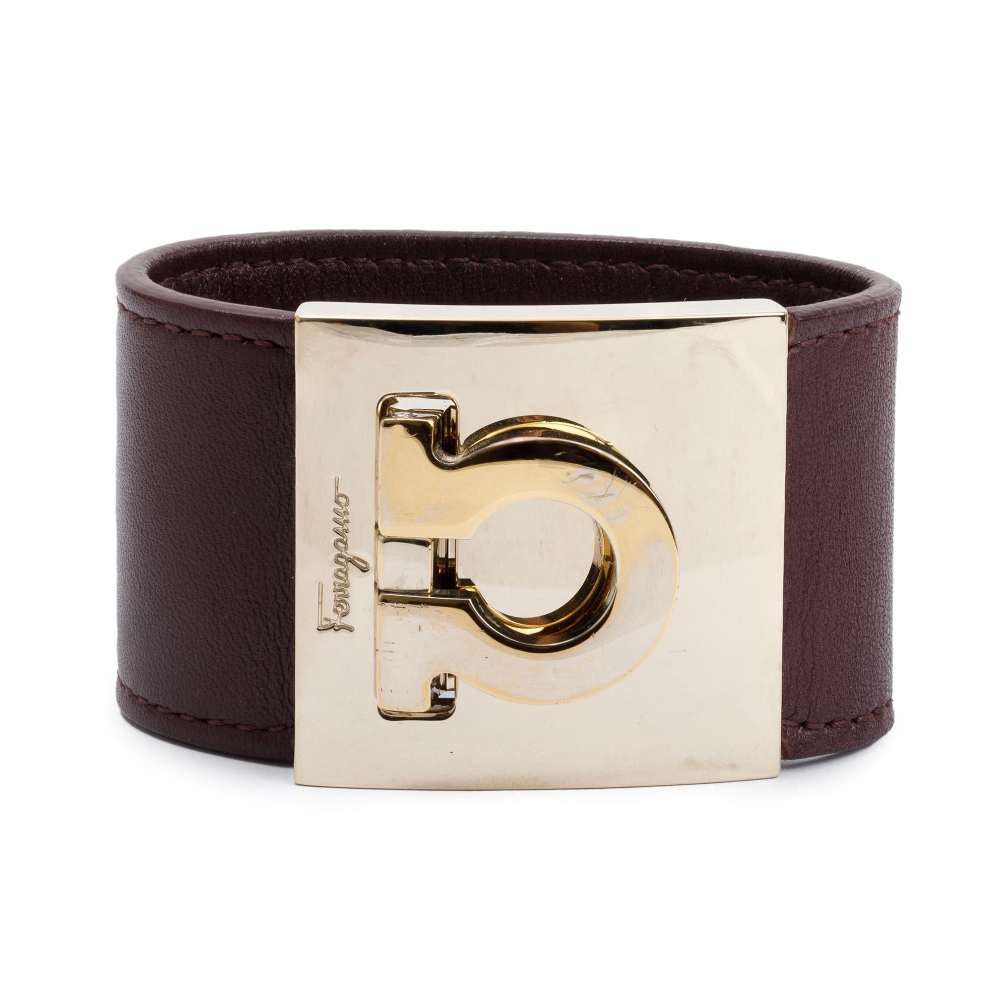 Ferragamo Gold-Plated Gancini Wide Burgundy Leather Bracelet