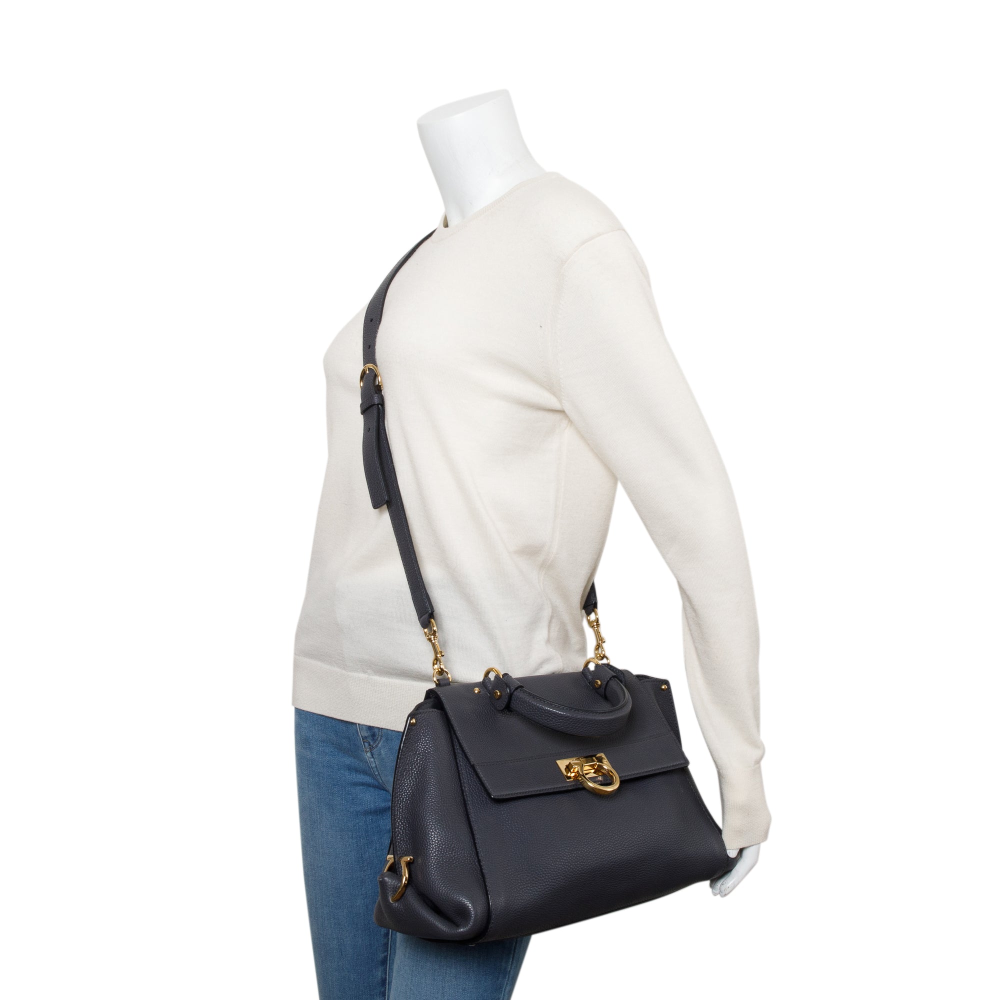 Ferragamo Grey Calfskin Leather Medium Sofia Satchel w/ Strap