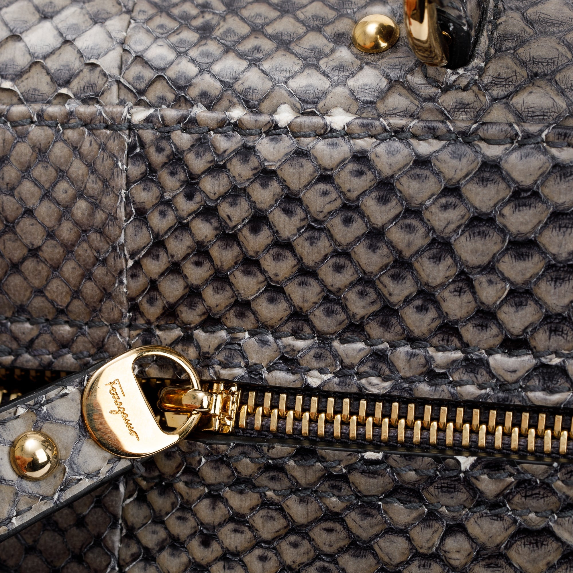 Ferragamo Grey Python Large Sofia Satchel w/ Strap