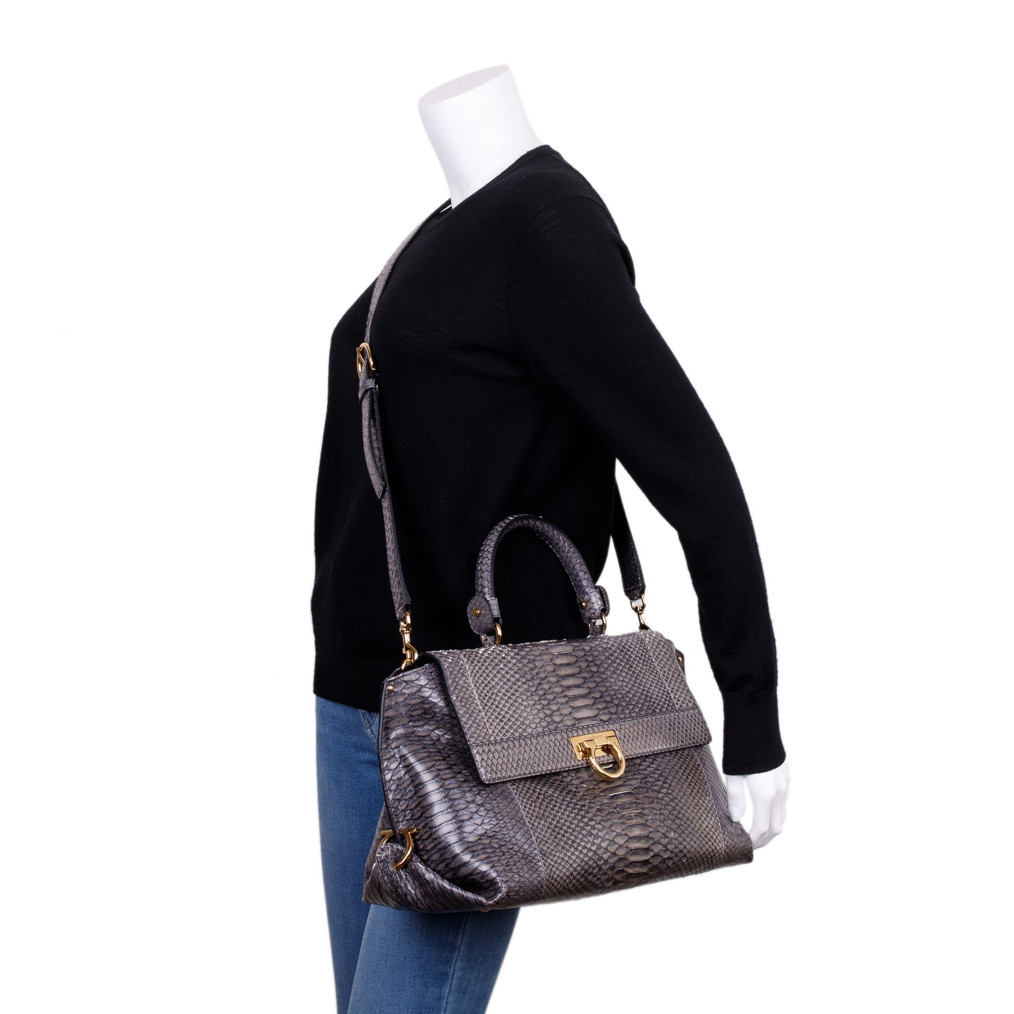 Ferragamo Grey Python Large Sofia Satchel w/ Strap