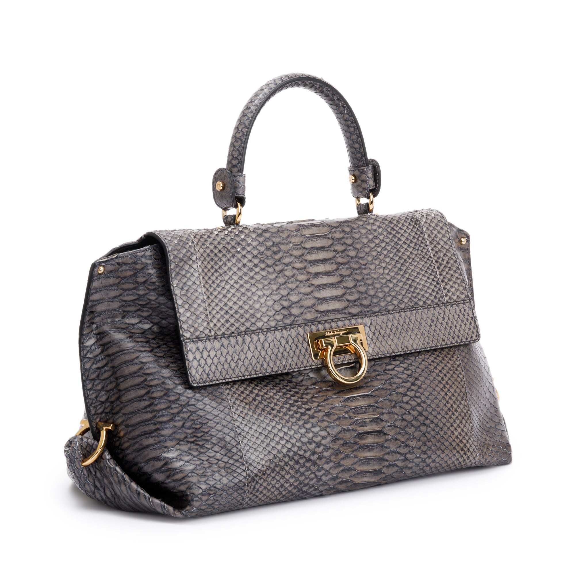 Ferragamo Grey Python Large Sofia Satchel w/ Strap