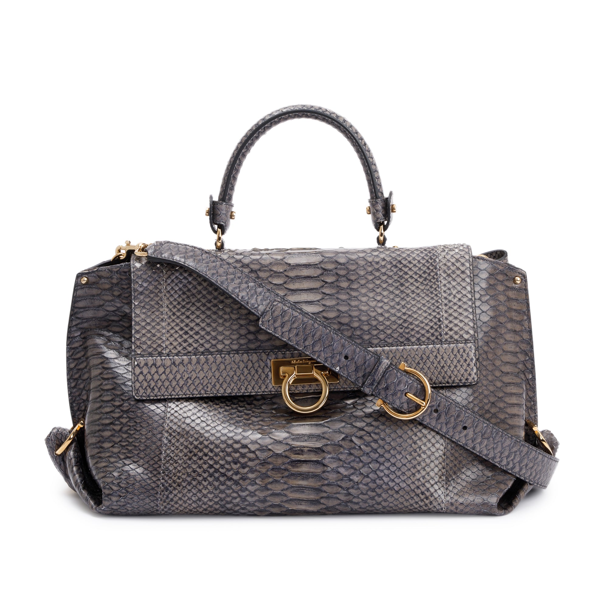 Ferragamo Grey Python Large Sofia Satchel w/ Strap
