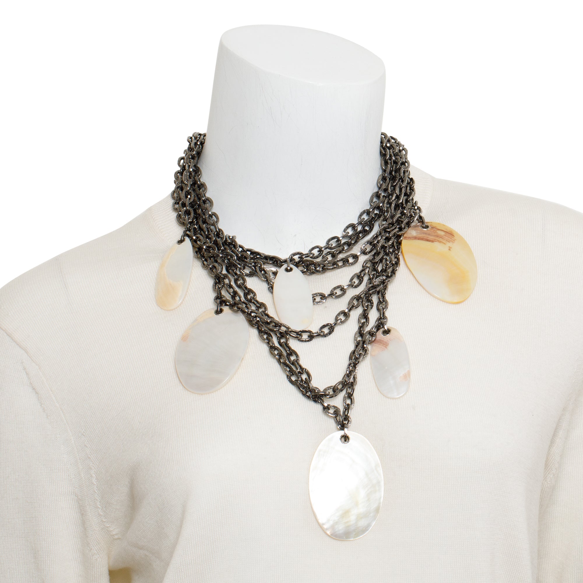 Ferragamo Gun-Metal Multichain Mother of Pearl Toggle Necklace