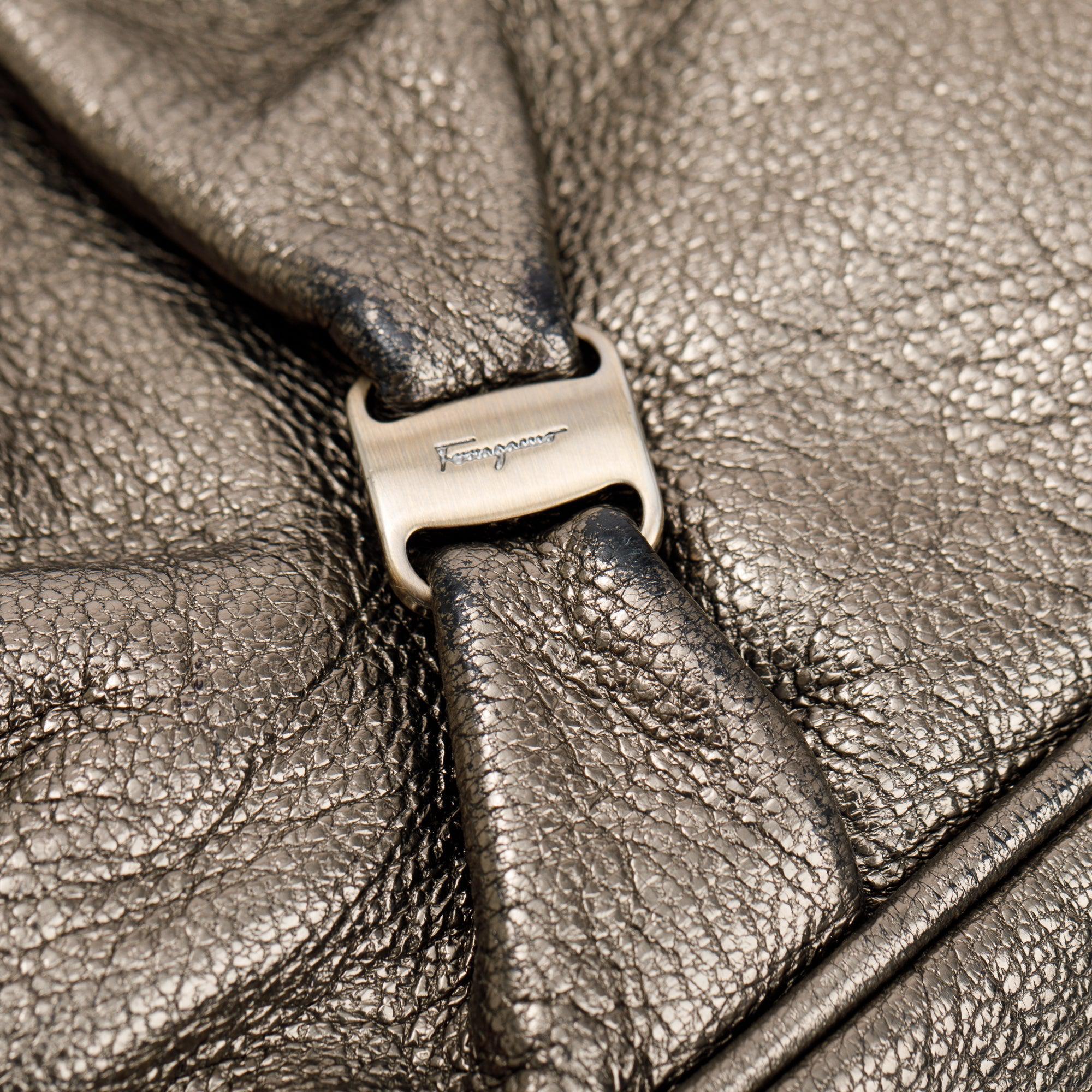 Ferragamo Metallic Gold Calfskin Leather Pleated Vara Shoulder Bag