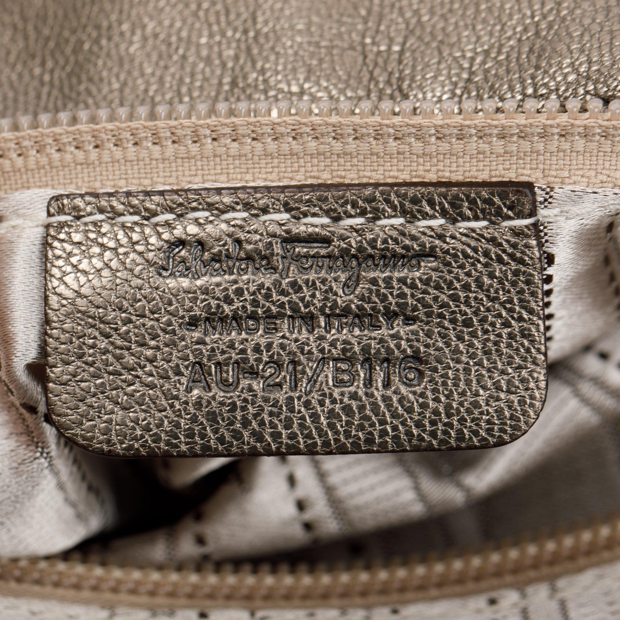 Ferragamo Metallic Gold Calfskin Leather Pleated Vara Shoulder Bag