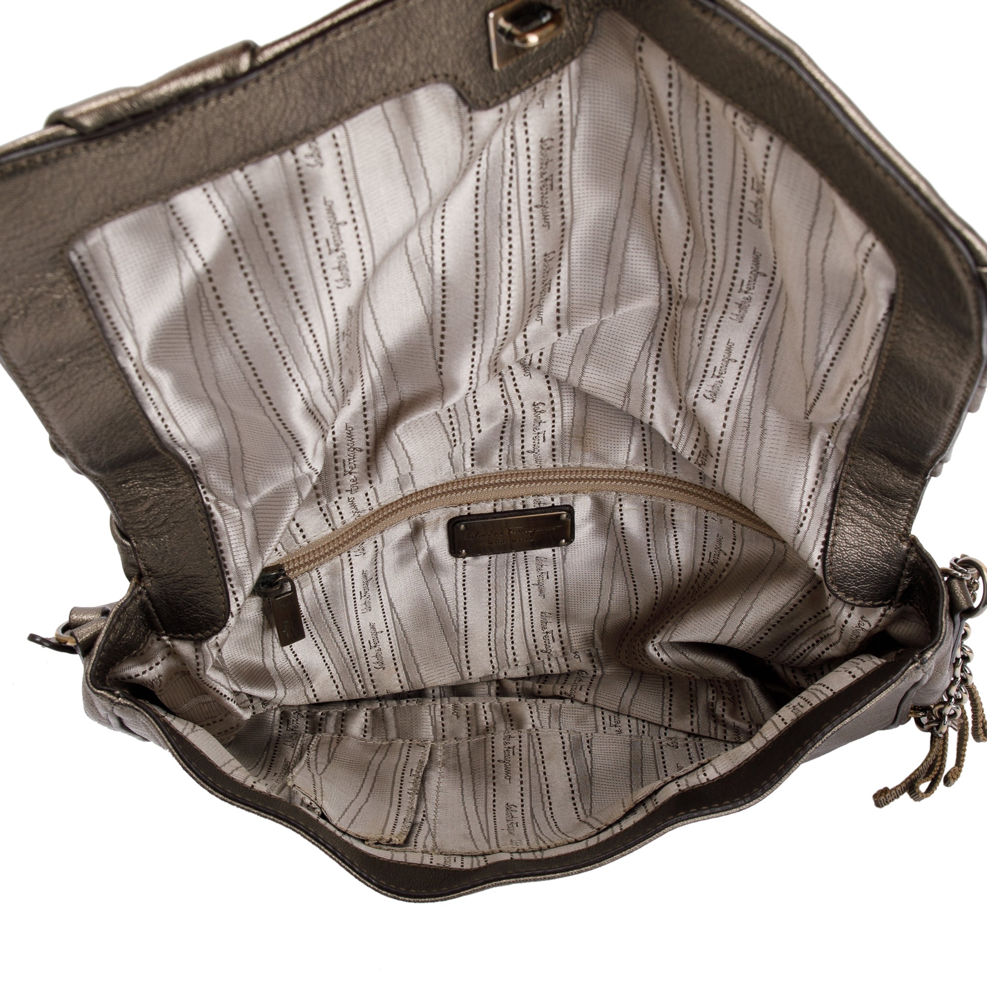 Ferragamo Metallic Gold Calfskin Leather Pleated Vara Shoulder Bag