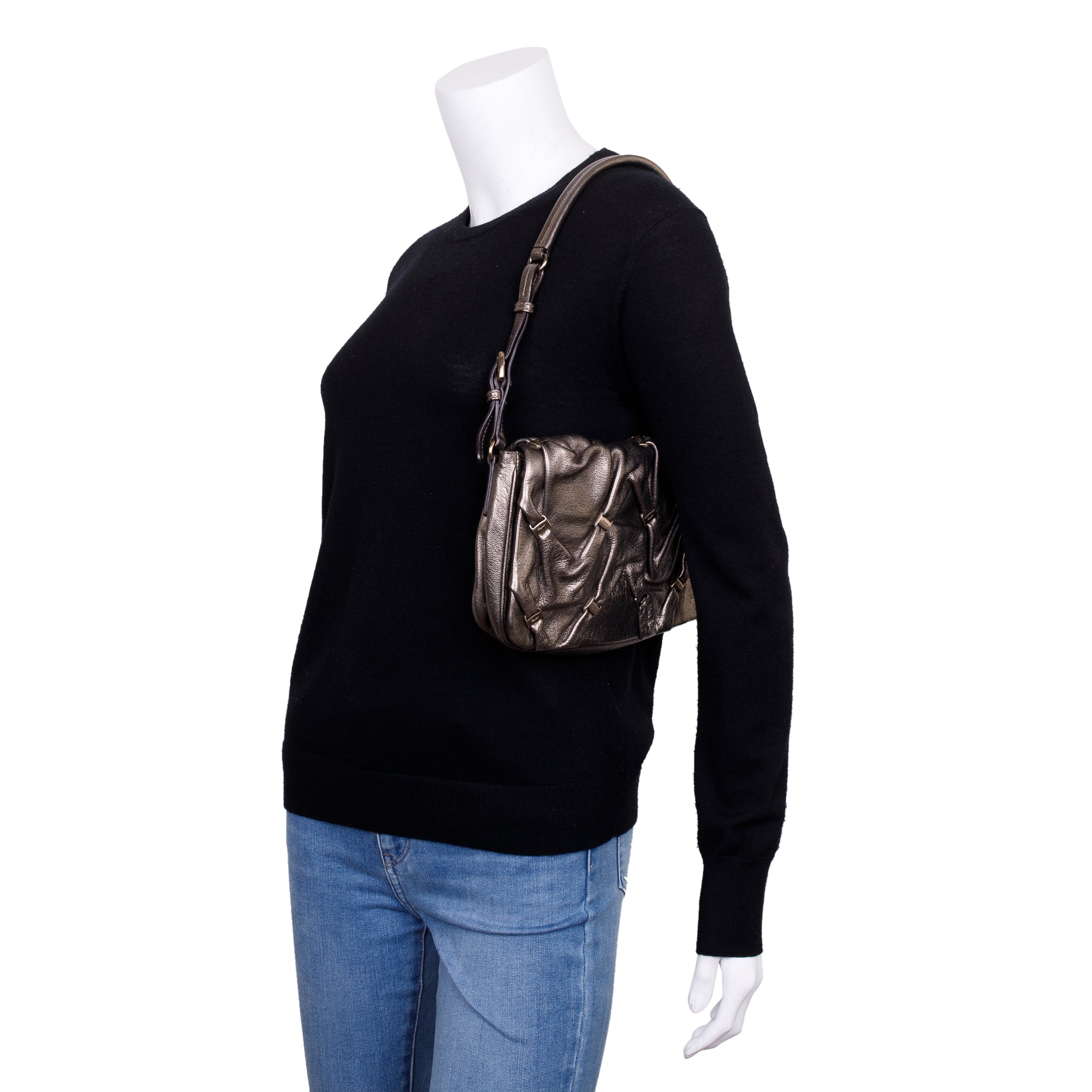 Ferragamo Metallic Gold Calfskin Leather Pleated Vara Shoulder Bag