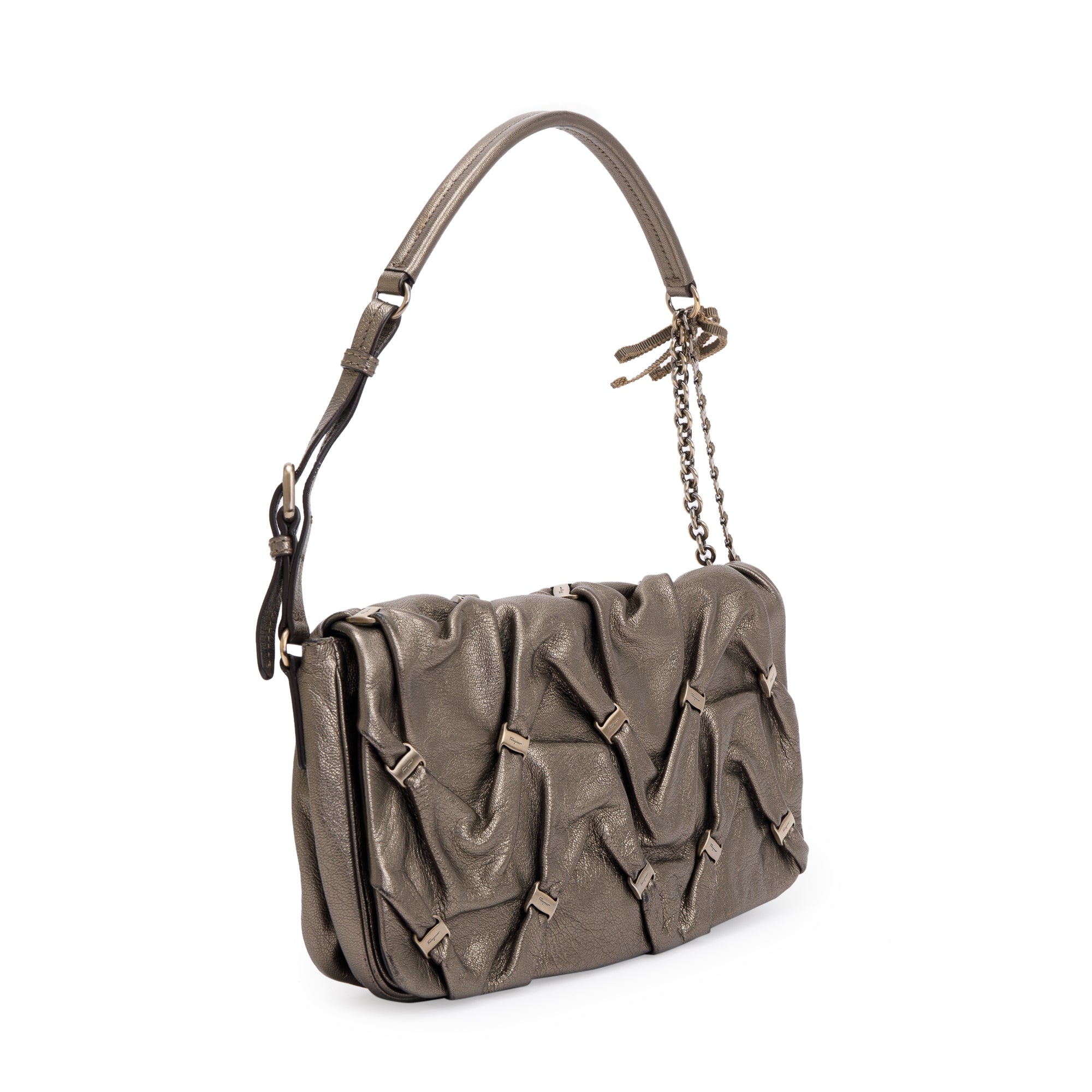 Ferragamo Metallic Gold Calfskin Leather Pleated Vara Shoulder Bag