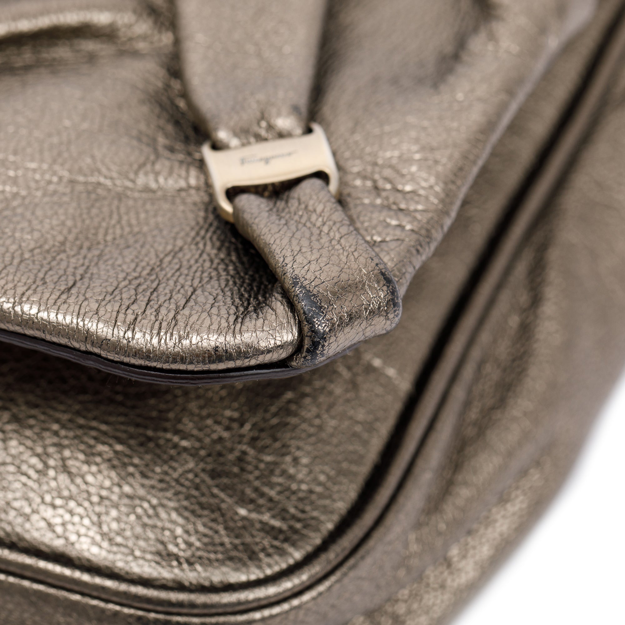 Ferragamo Metallic Gold Calfskin Leather Pleated Vara Shoulder Bag