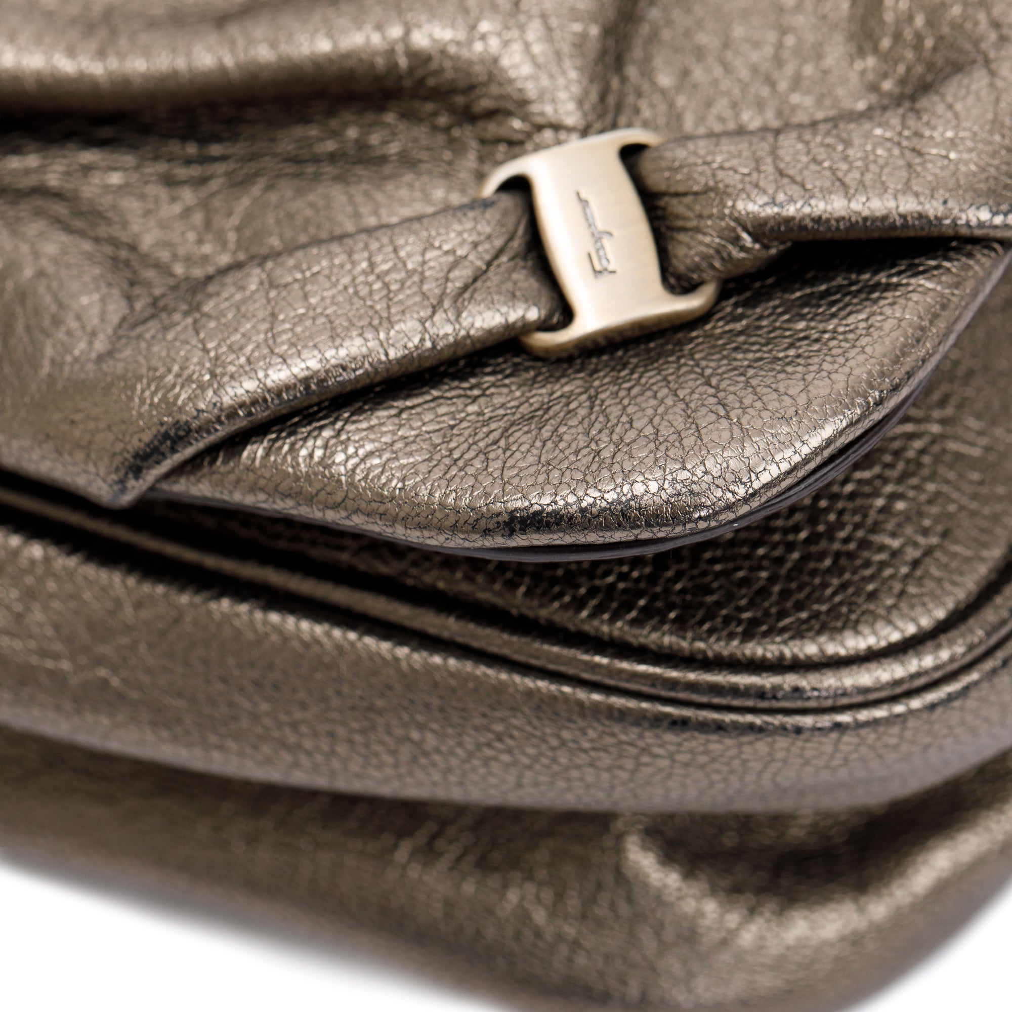 Ferragamo Metallic Gold Calfskin Leather Pleated Vara Shoulder Bag