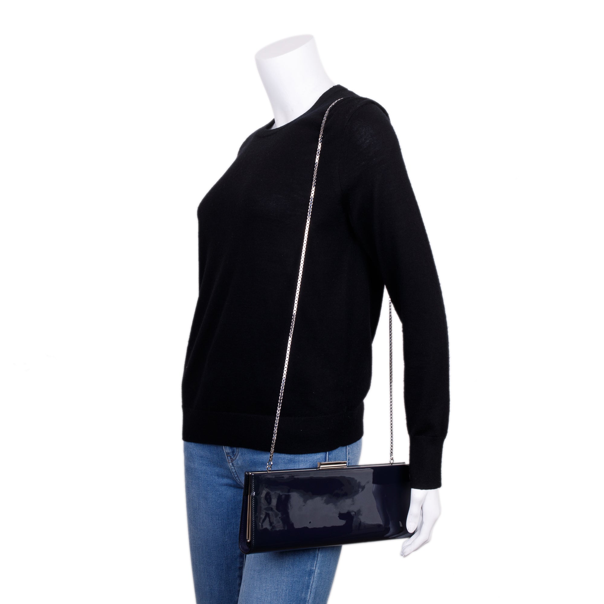 Ferragamo Navy Patent Leather Chain Clutch Bag