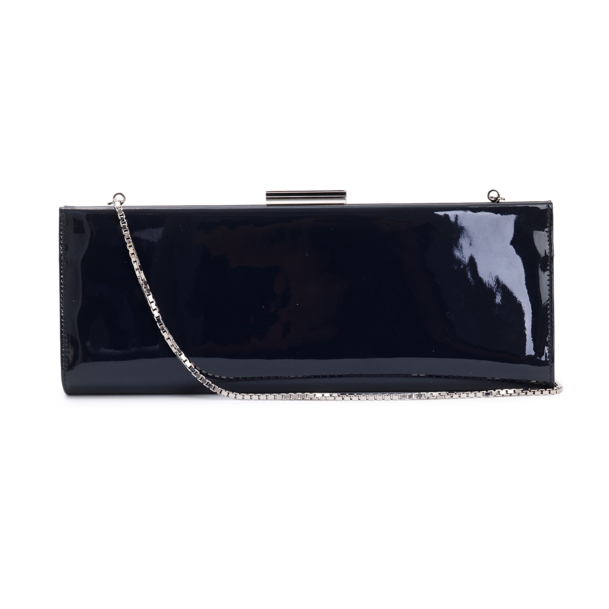 Ferragamo Navy Patent Leather Chain Clutch Bag