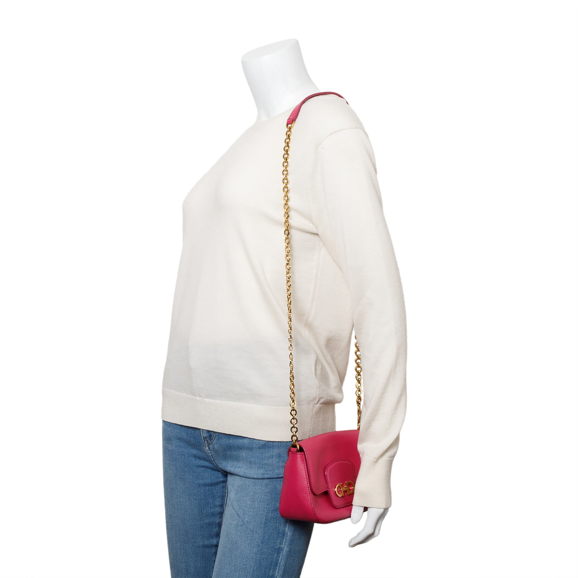 Ferragamo Pink Calfskin Leather Double Gancini Flap Crossbody Bag