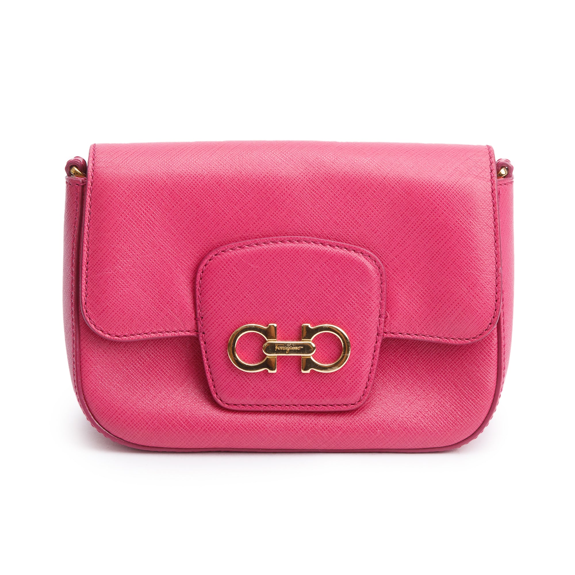Ferragamo Pink Calfskin Leather Double Gancini Flap Crossbody Bag