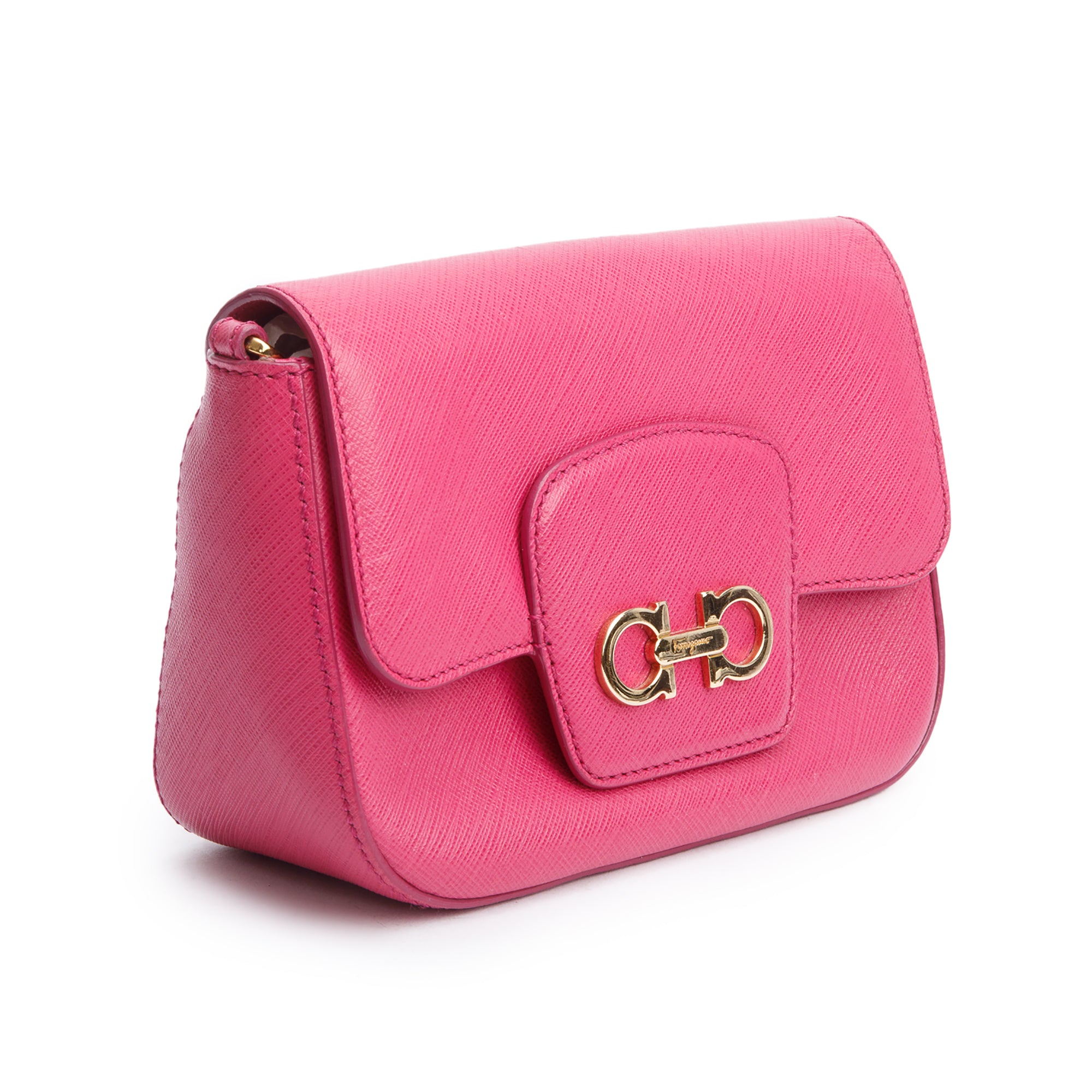 Ferragamo Pink Calfskin Leather Double Gancini Flap Crossbody Bag