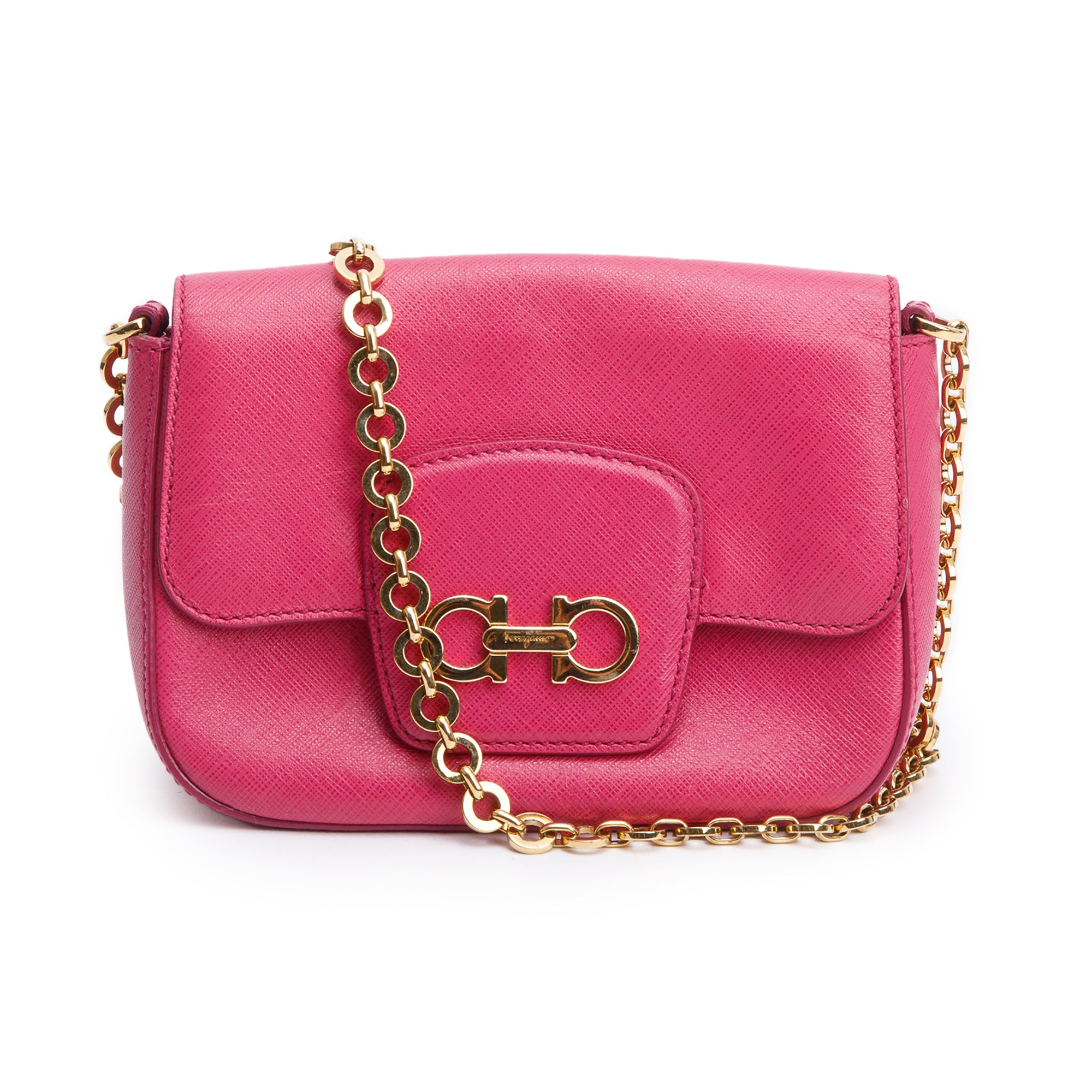 Ferragamo Pink Calfskin Leather Double Gancini Flap Crossbody Bag